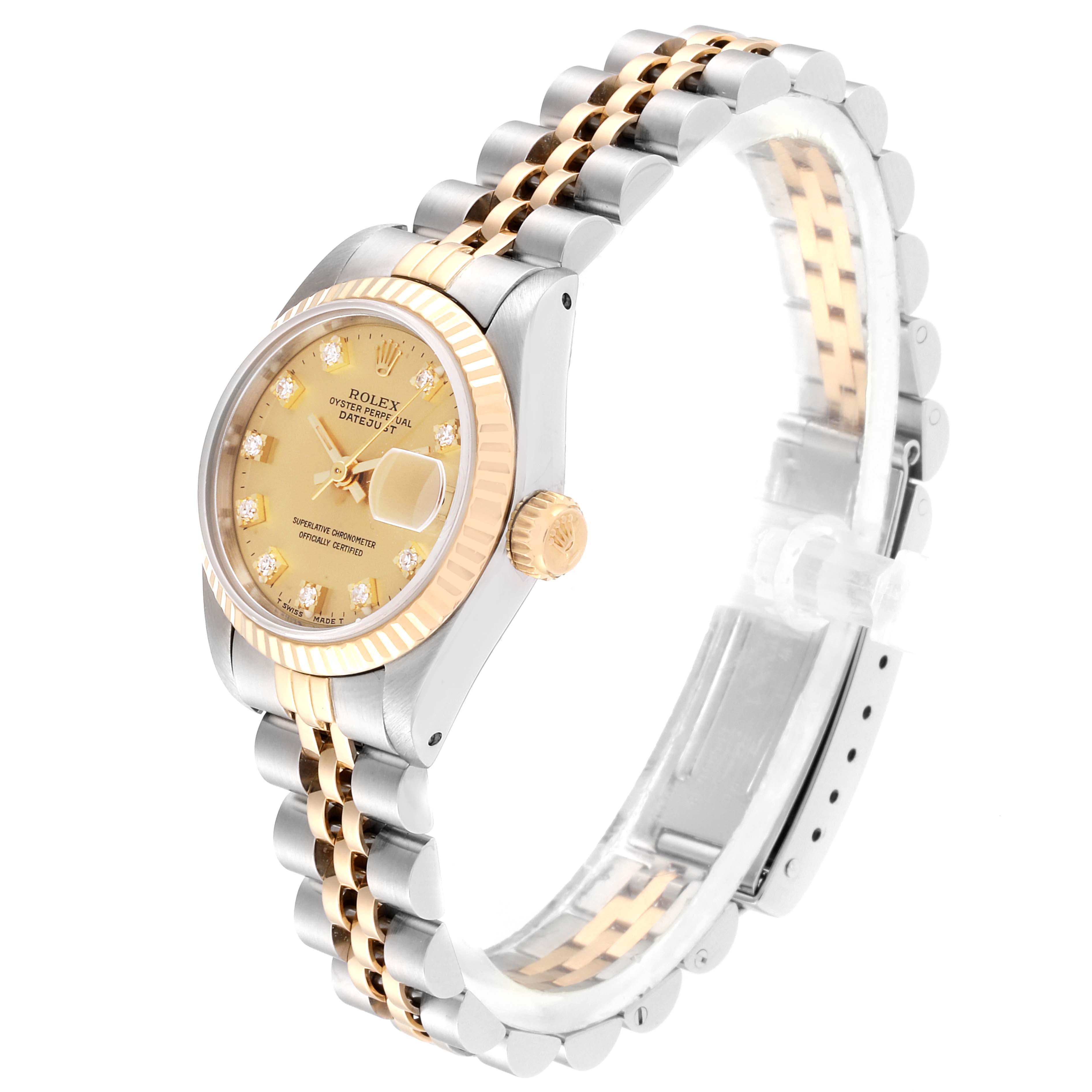The image shows a Rolex Datejust 69173 Women
s Steel and Gold (two tone) Champagne Dial 69173 Women
s Steel and Gold (two tone) Champagne Dial watch at a side angle, highlighting the gold and silver Jubilee bracelet and fluted bezel.