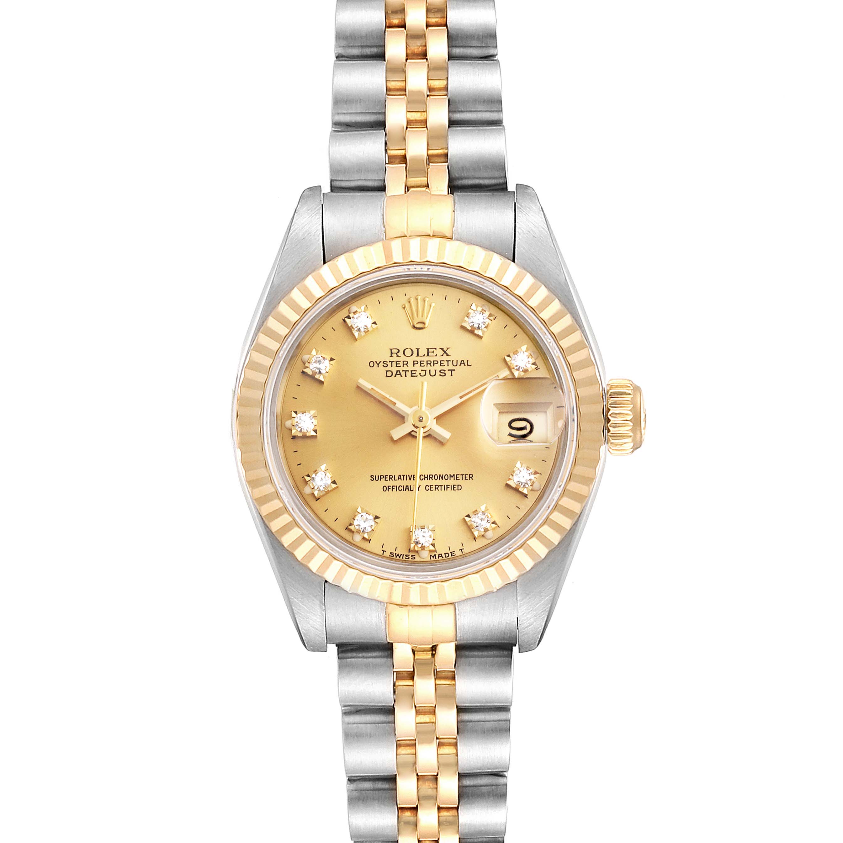 The Rolex Datejust 69173 Women
s Steel and Gold (two tone) Champagne Dial 69173 Women
s Steel and Gold (two tone) Champagne Dial watch is shown from the front, displaying the dial, bezel, hands, date window, and bracelet.