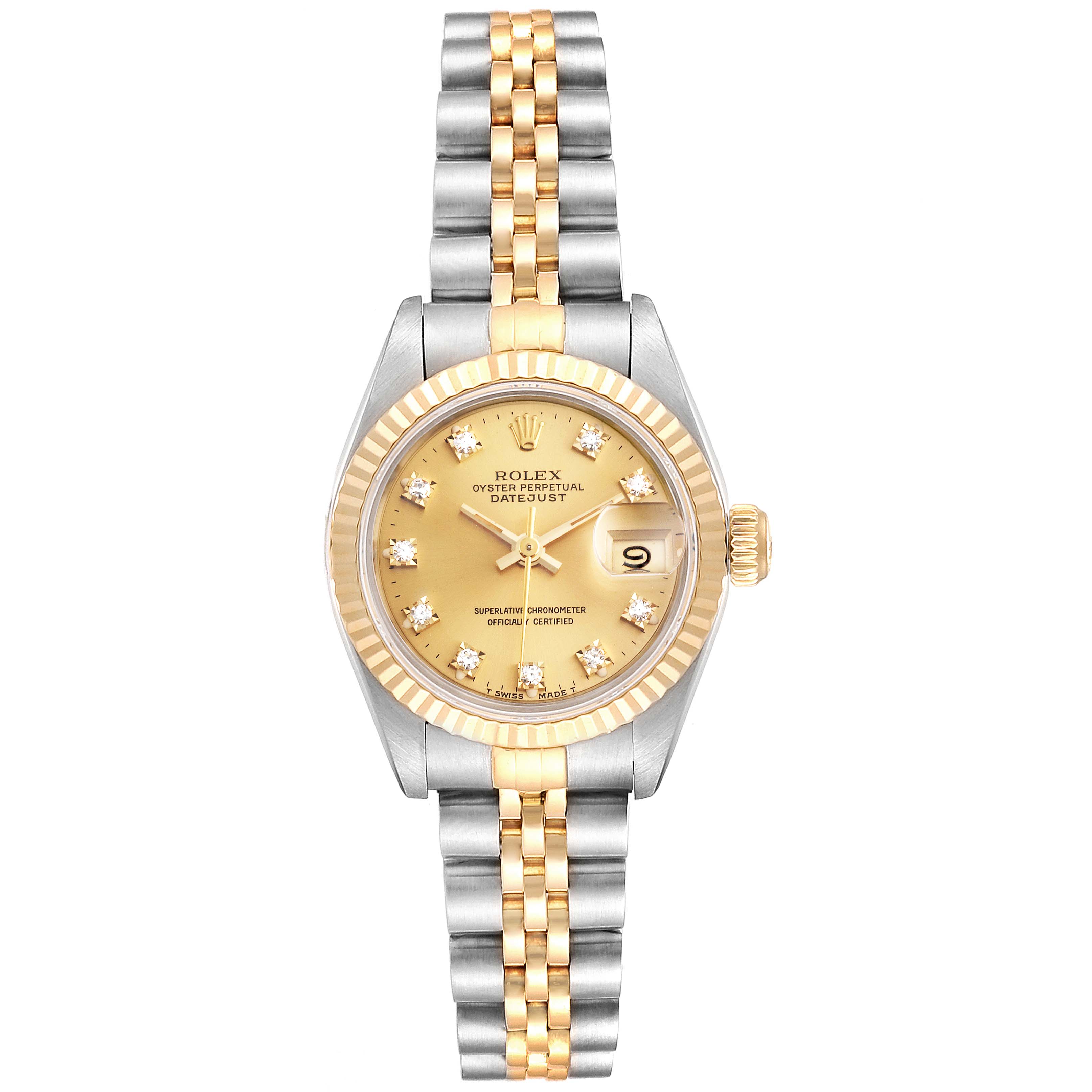 This image shows a front view of a two-tone Rolex Datejust 69173 Women
s Steel and Gold (two tone) Champagne Dial 69173 Women
s Steel and Gold (two tone) Champagne Dial watch, highlighting the dial, bezel, and bracelet.
