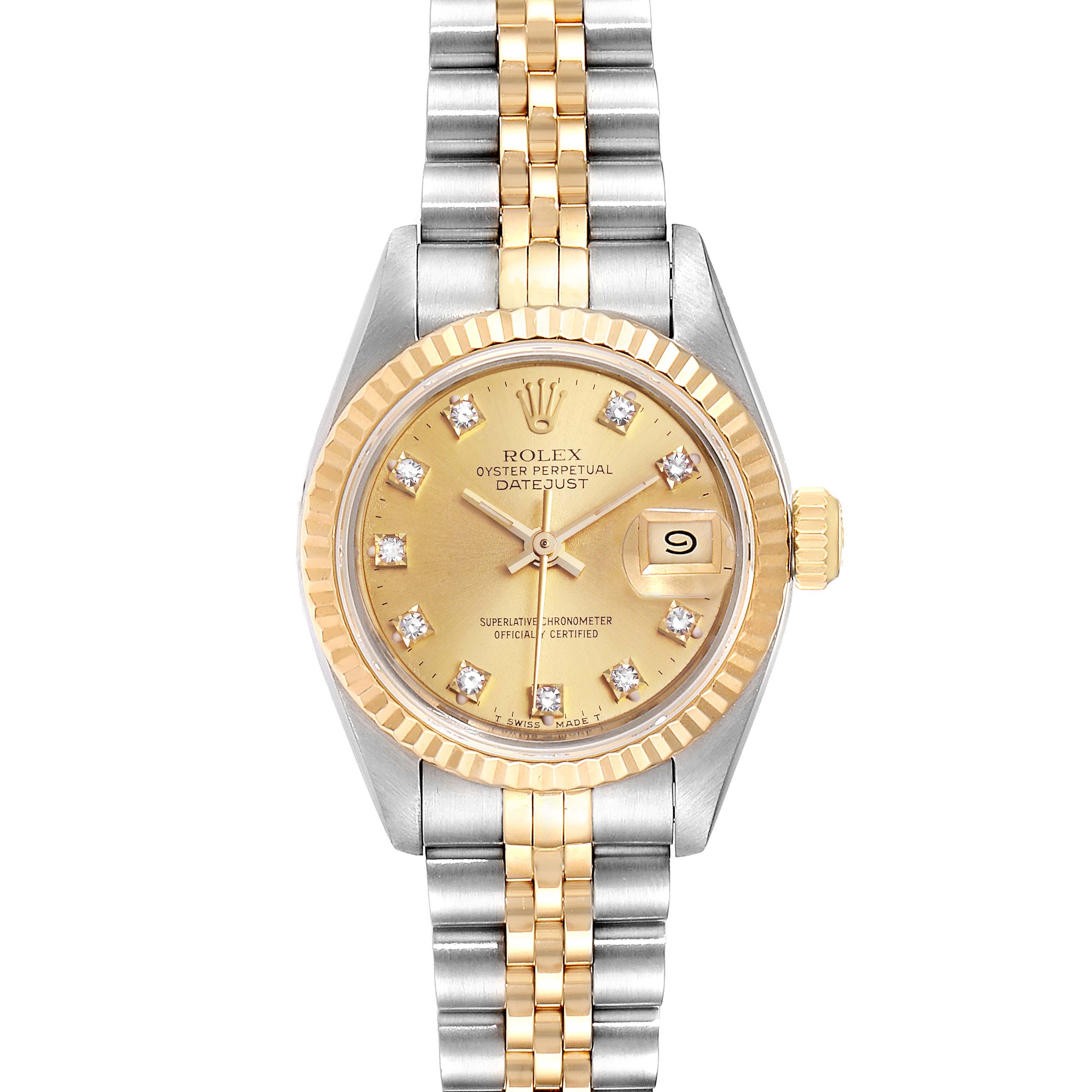 The image shows a Rolex Datejust 69173 Women
s Steel and Gold (two tone) Champagne Dial 69173 Women
s Steel and Gold (two tone) Champagne Dial watch from a top-down angle, highlighting its dial, bezel, bracelet, and date window.