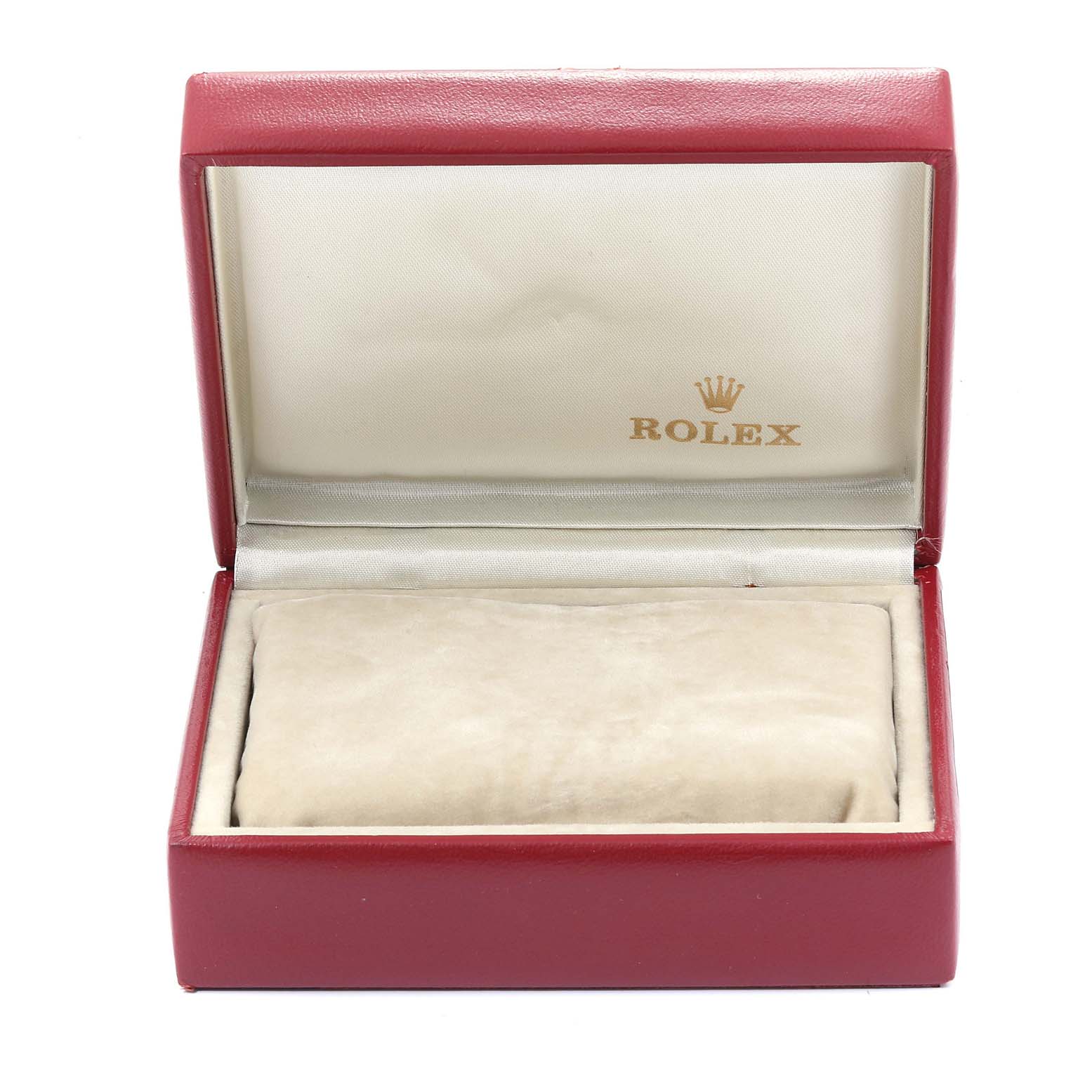 This image shows an empty open red Rolex box, presumably for the Datejust model watch.