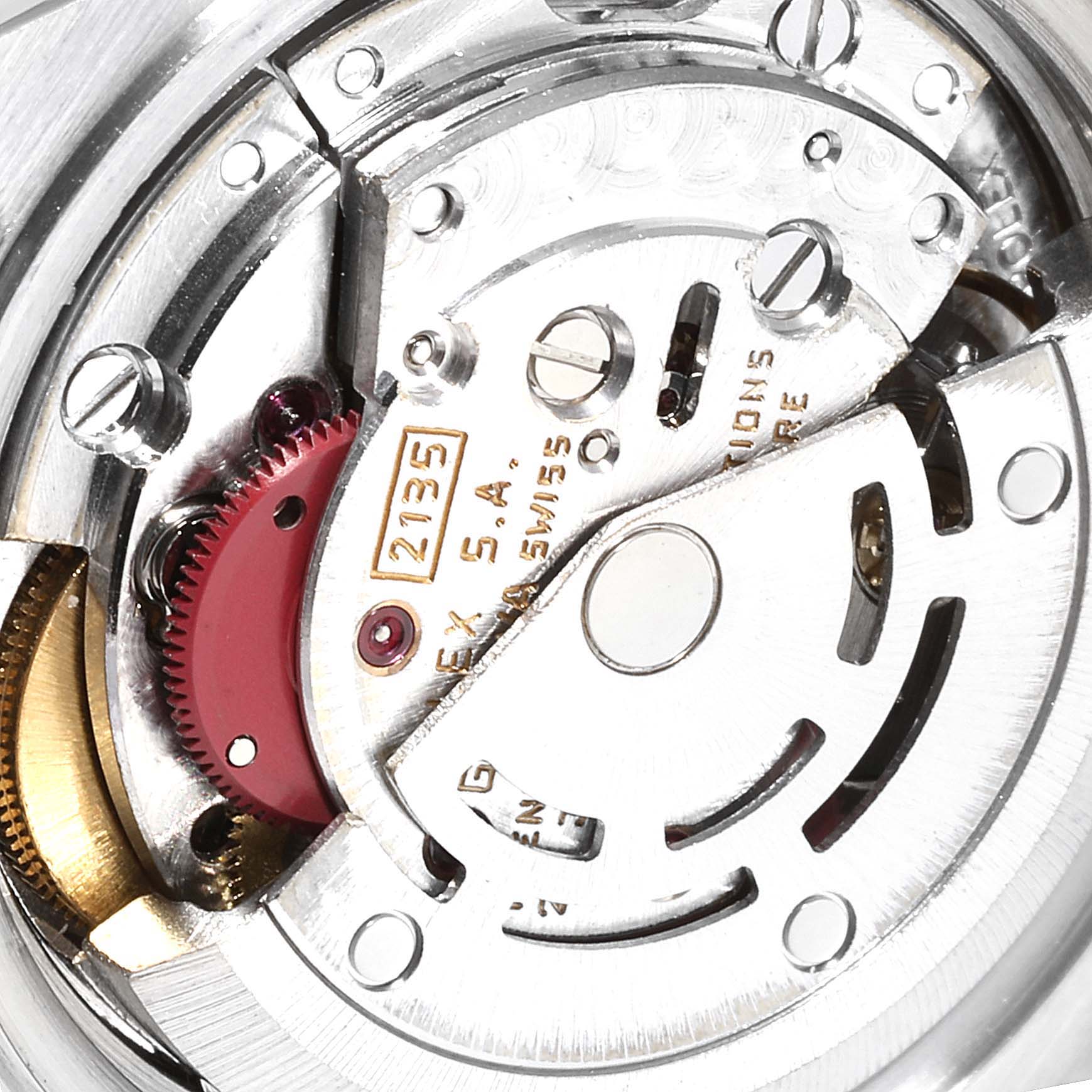 This image shows a close-up view of the movement mechanism inside a Rolex Datejust 69173 Women
s Steel and Gold (two tone) Champagne Dial 69173 Women
s Steel and Gold (two tone) Champagne Dial watch.