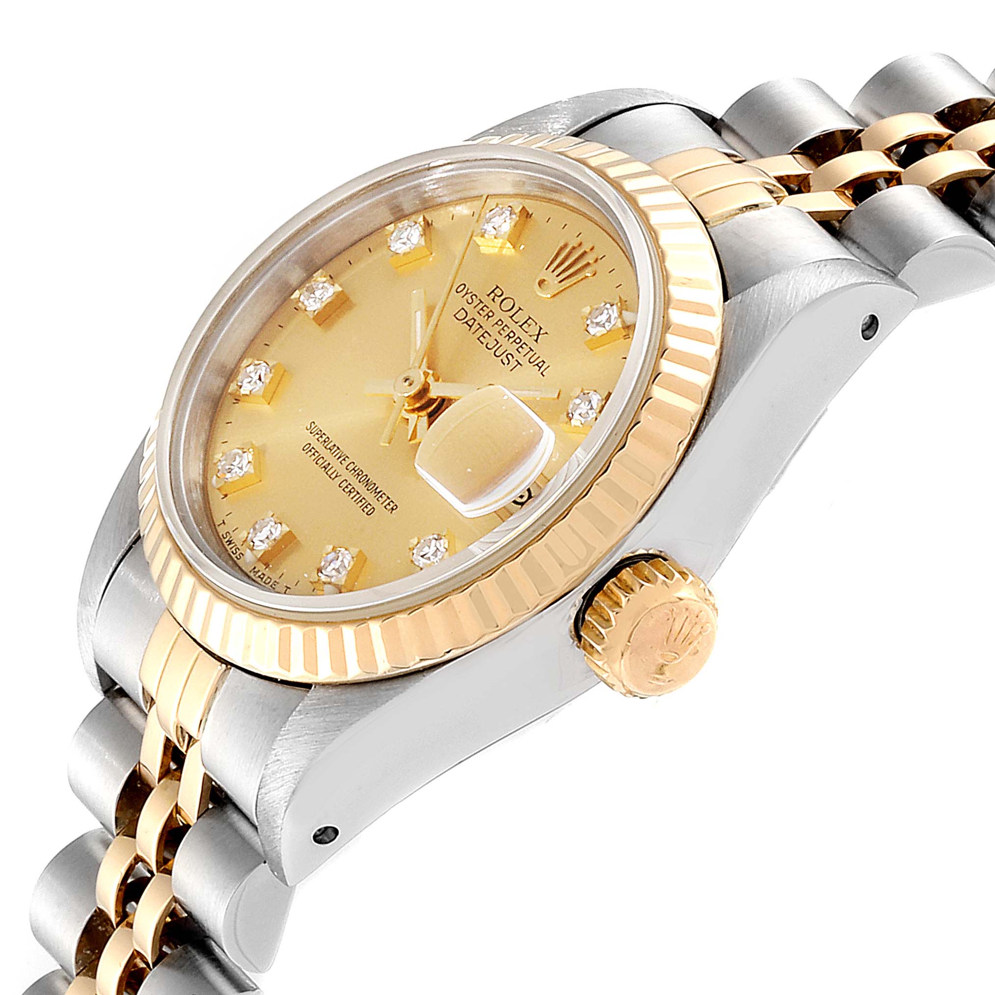 The image shows a Rolex Datejust 69173 Women
s Steel and Gold (two tone) Champagne Dial 69173 Women
s Steel and Gold (two tone) Champagne Dial watch at an oblique angle, highlighting the dial, bezel, crown, and part of the bracelet.