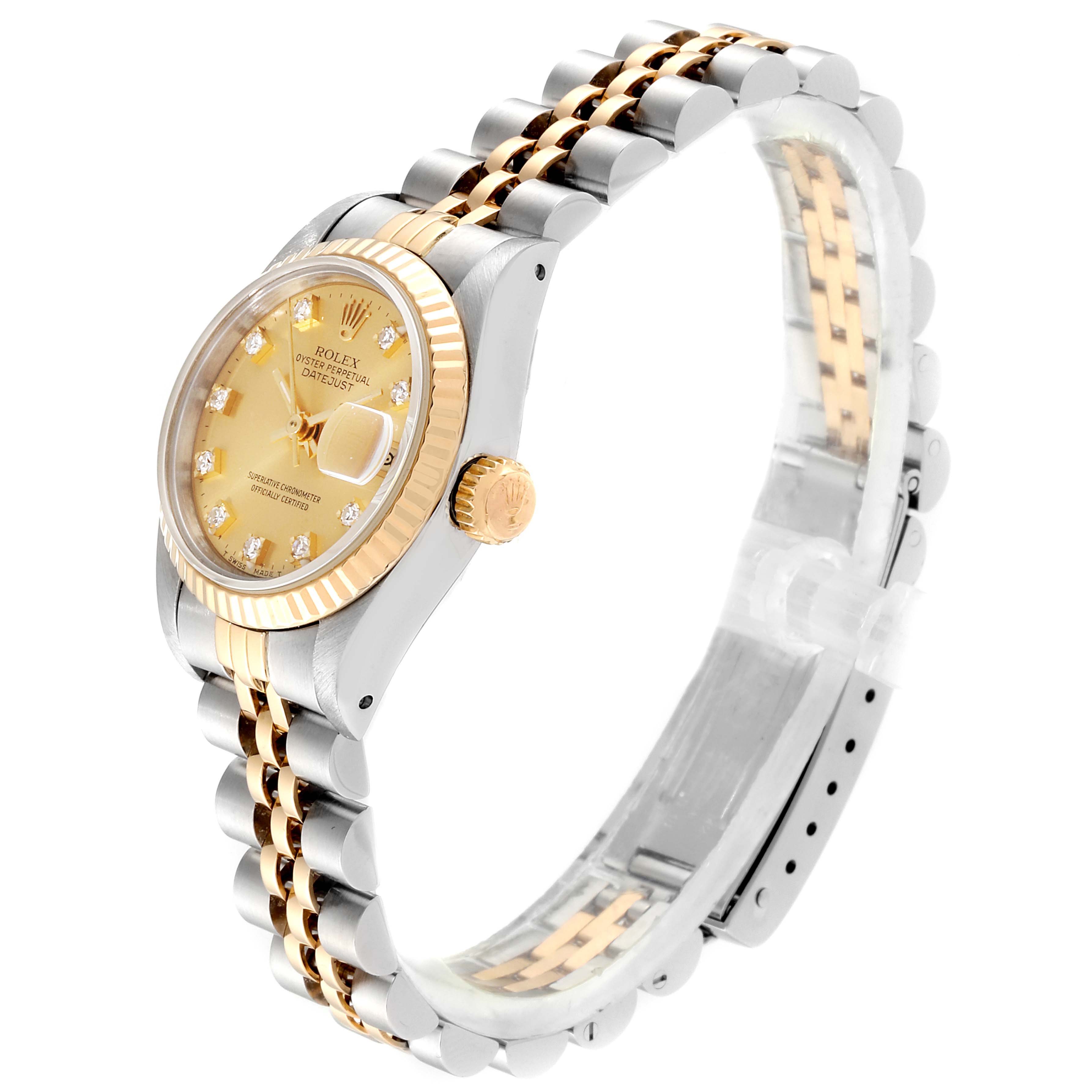 This Rolex Datejust 69173 Women
s Steel and Gold (two tone) Champagne Dial 69173 Women
s Steel and Gold (two tone) Champagne Dial watch is shown from a side-angle, displaying its dial, fluted bezel, crown, and two-tone bracelet.