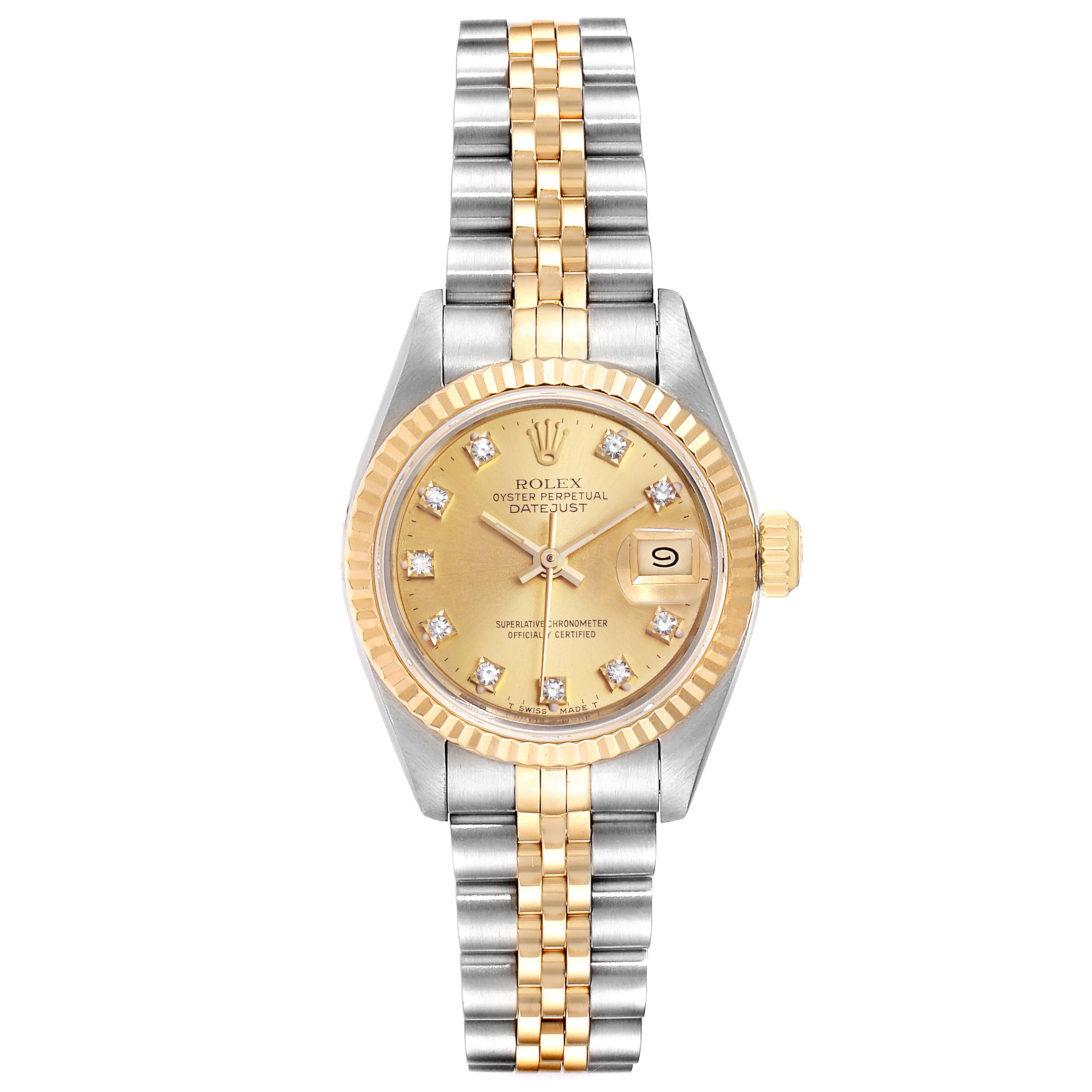 The image shows the face and bracelet of a Rolex Datejust 69173 Women
s Steel and Gold (two tone) Champagne Dial 69173 Women
s Steel and Gold (two tone) Champagne Dial watch, viewed from a front angle.