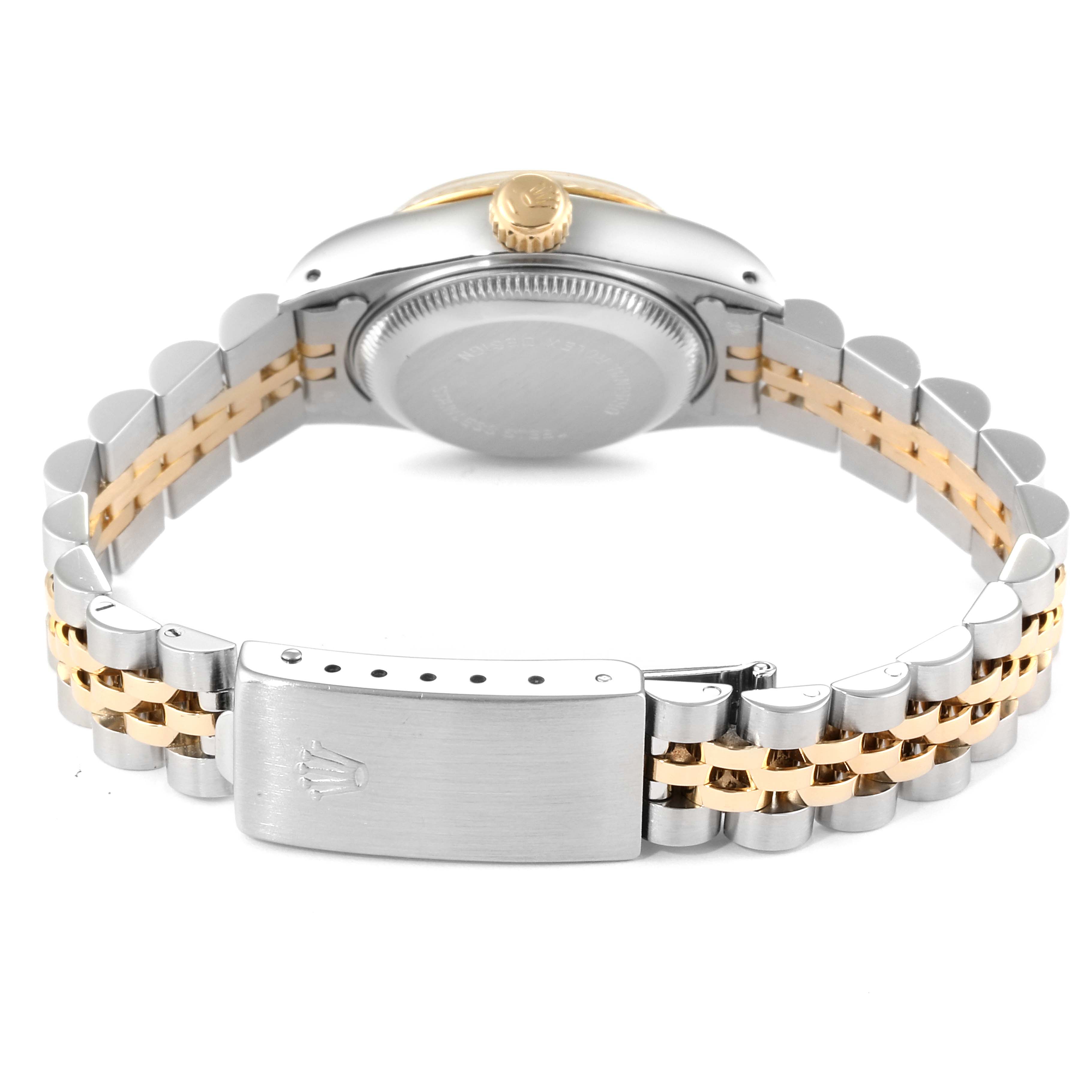 The image shows the back view of a Rolex Datejust 69173 Women
s Steel and Gold (two tone) Champagne Dial 69173 Women
s Steel and Gold (two tone) Champagne Dial watch, featuring its clasp, bracelet, and crown.