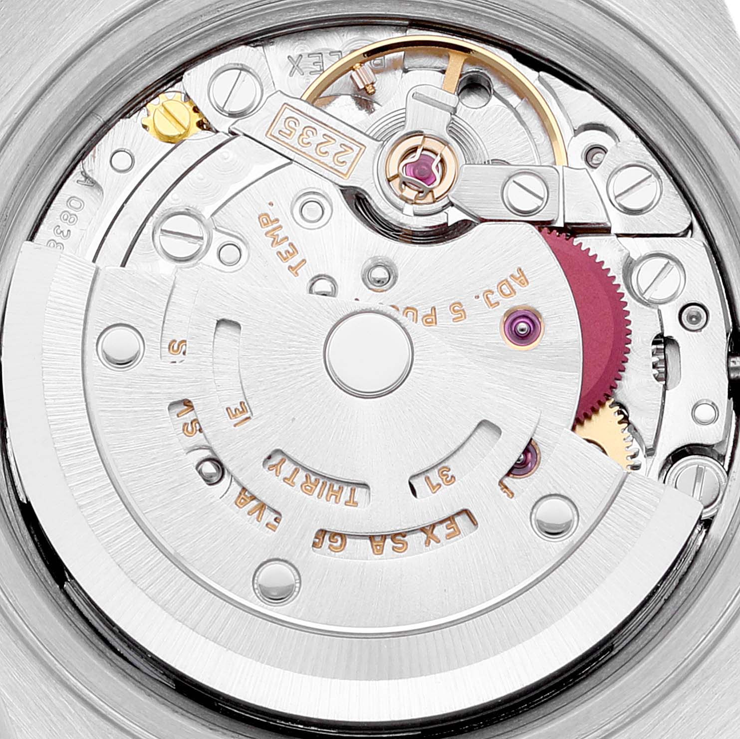 This image shows the intricate internal mechanism of the Rolex Datejust 79173 Women's Steel and Gold (two tone) Grey Dial 79173 Women's Steel and Gold (two tone) Grey Dial watch from a close-up angle.