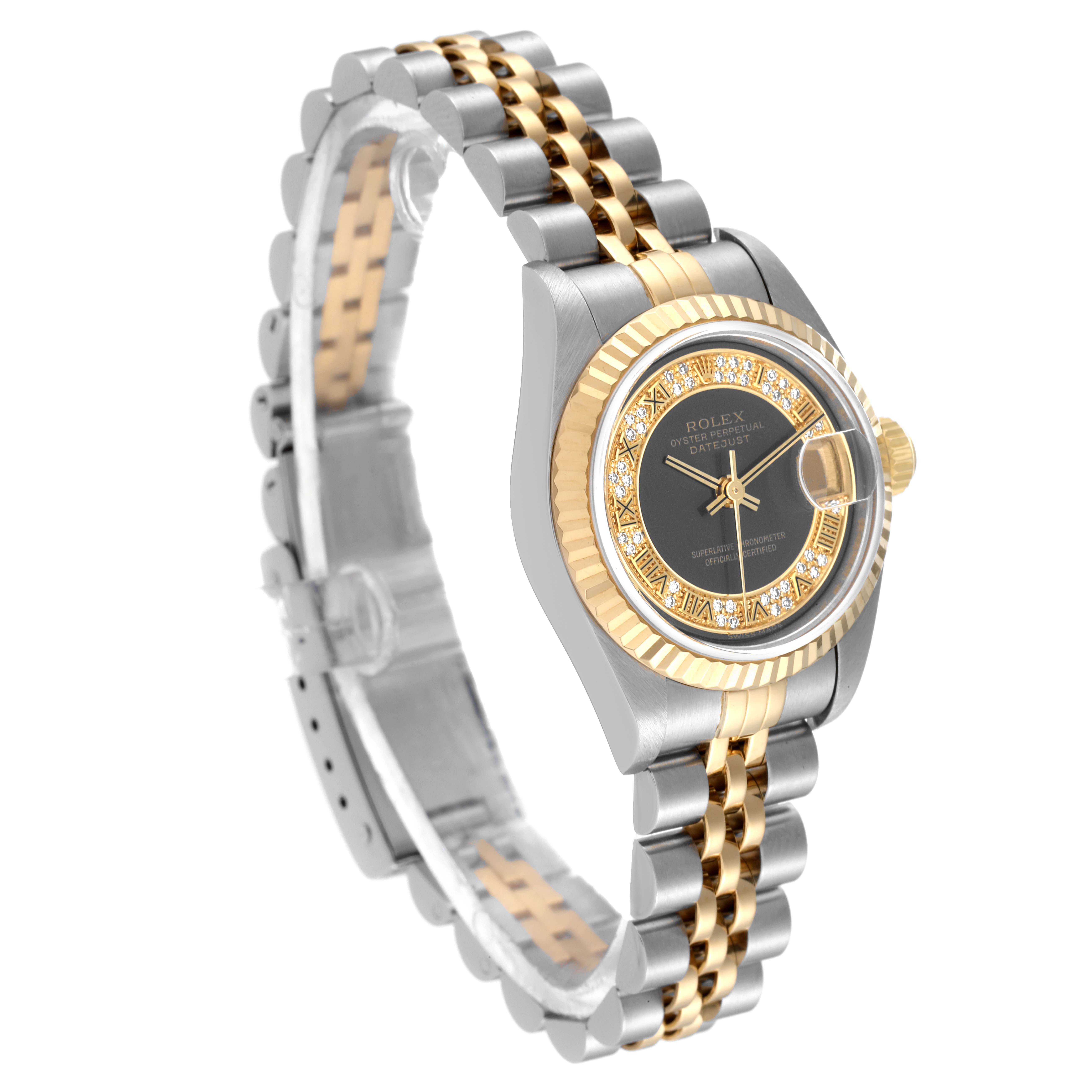 This image shows a Rolex Datejust 79173 Women's Steel and Gold (two tone) Grey Dial 79173 Women's Steel and Gold (two tone) Grey Dial watch at a three-quarter angle, highlighting the face, bezel, and bracelet.