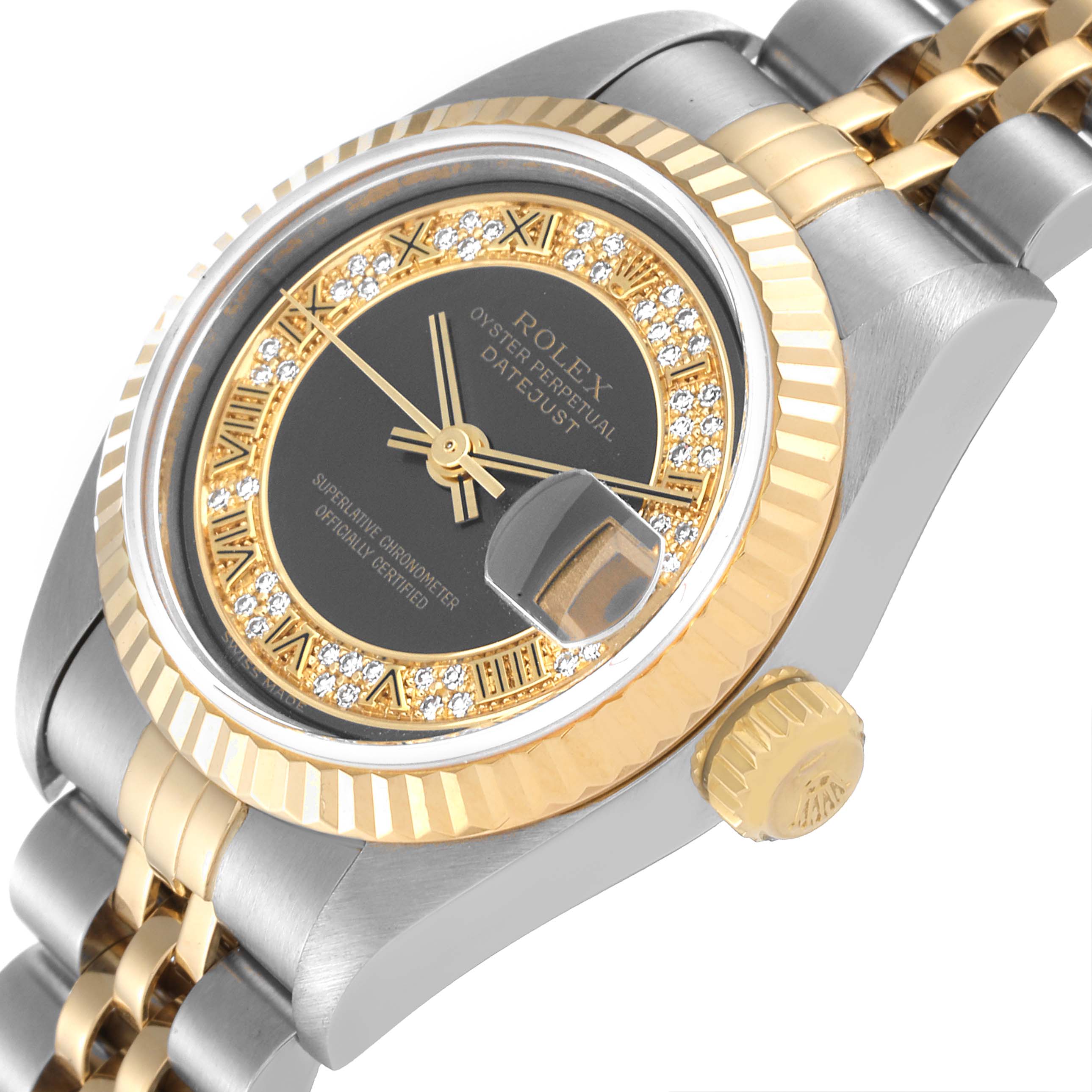 The image shows a close-up angle of the Rolex Datejust 79173 Women's Steel and Gold (two tone) Grey Dial 79173 Women's Steel and Gold (two tone) Grey Dial watch, highlighting the dial, fluted bezel, and part of the bracelet.