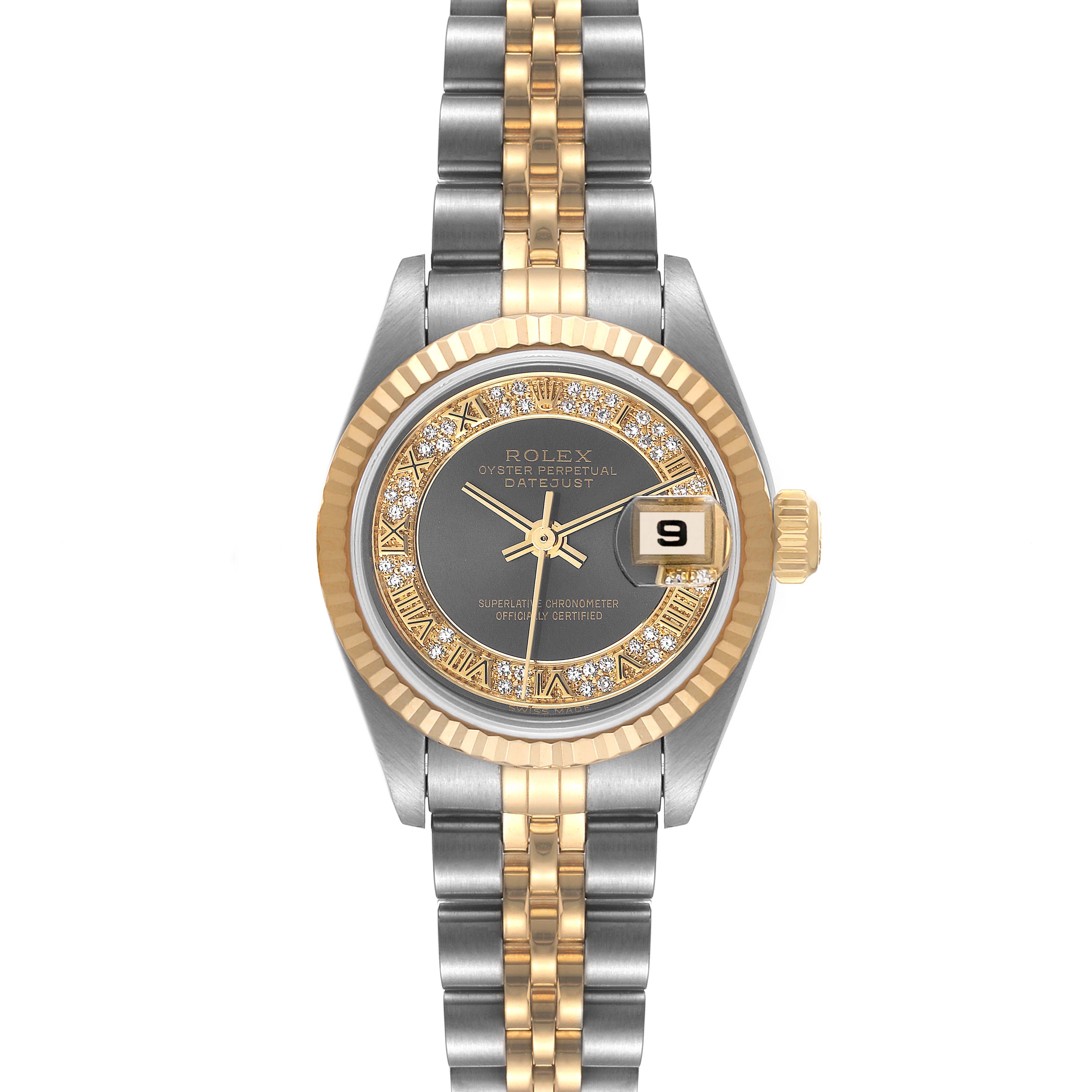 This image shows a frontal view of the Rolex Datejust 79173 Women's Steel and Gold (two tone) Grey Dial 79173 Women's Steel and Gold (two tone) Grey Dial watch, highlighting its bimetal jubilee bracelet, fluted bezel, and date window.