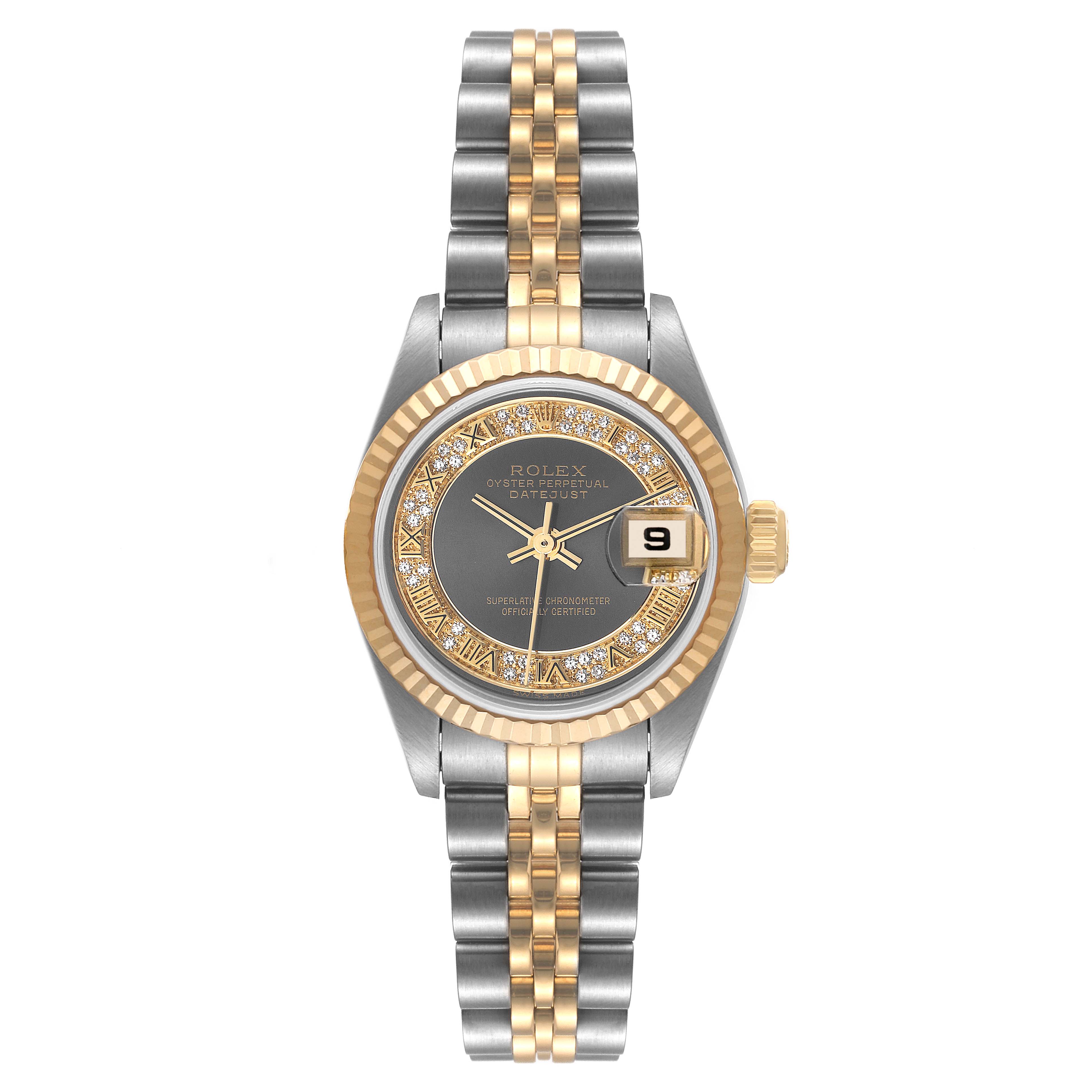 The image shows a Rolex Datejust 79173 Women's Steel and Gold (two tone) Grey Dial 79173 Women's Steel and Gold (two tone) Grey Dial watch with a two-tone band and a date display at the 3 o'clock position.