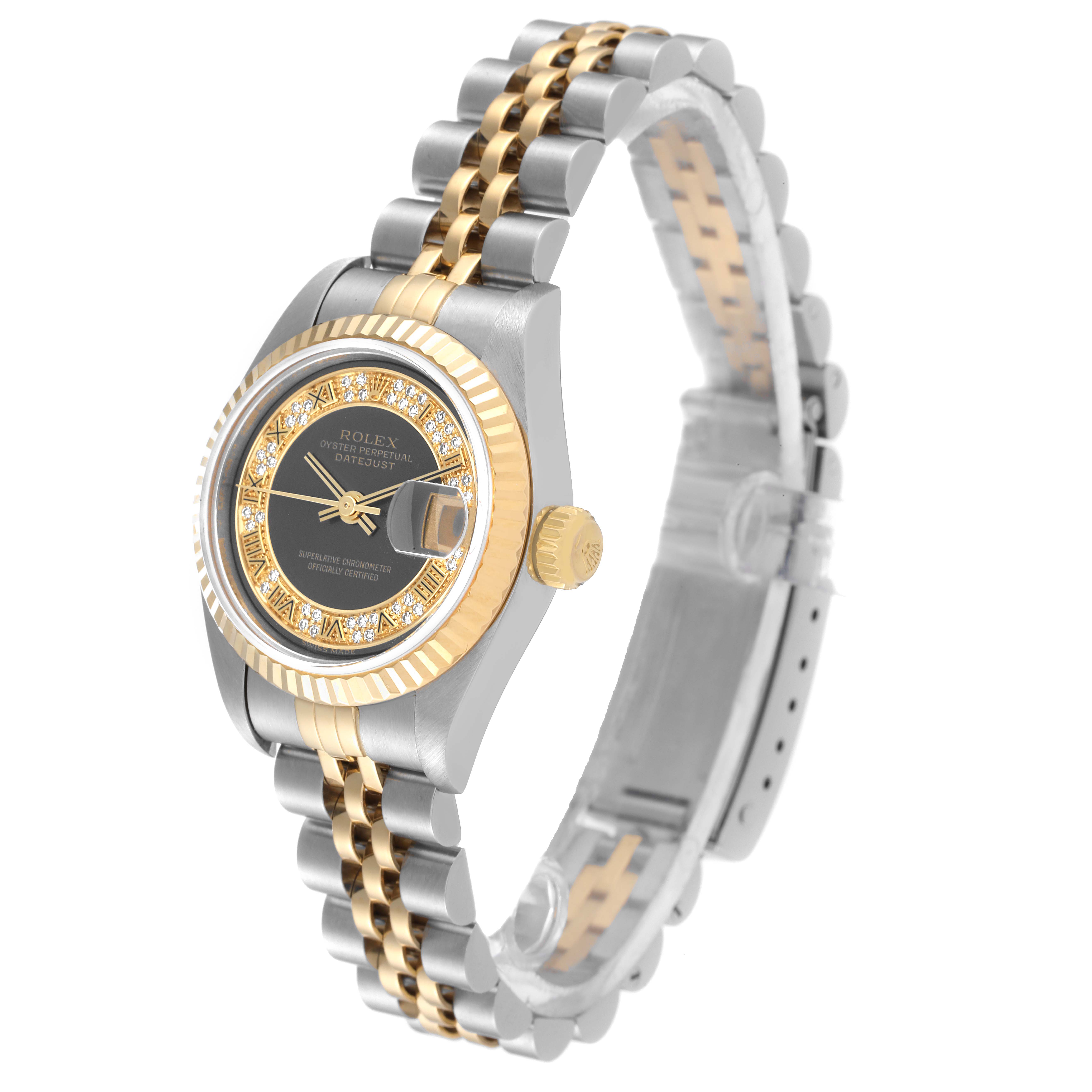 The photo shows a side and slightly angled perspective of a Rolex Datejust 79173 Women's Steel and Gold (two tone) Grey Dial 79173 Women's Steel and Gold (two tone) Grey Dial watch, highlighting its face, bezel, crown, and bracelet.