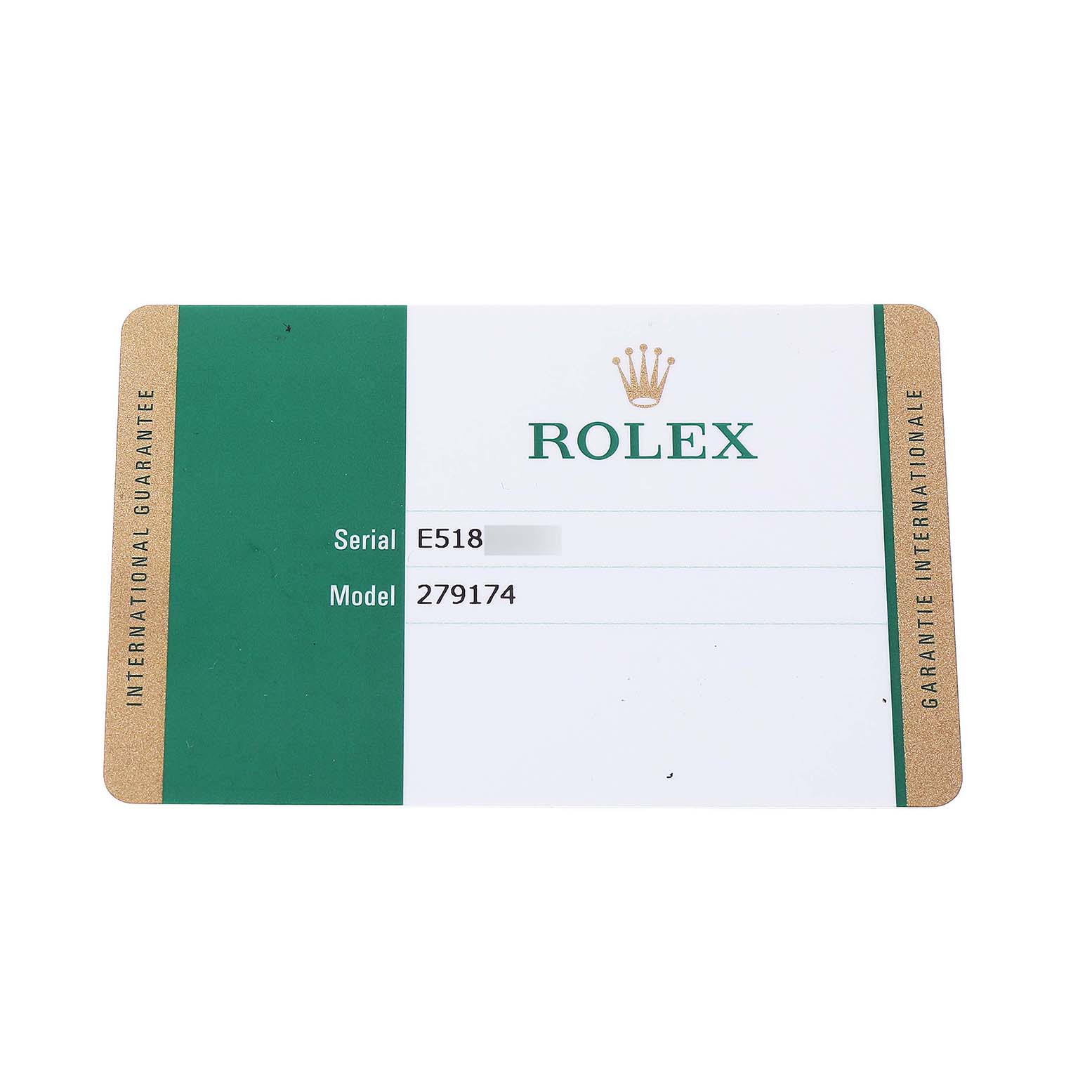 The image shows a Rolex Datejust 279174 Women's Stainless Steel White Dial international guarantee card with model and serial numbers.