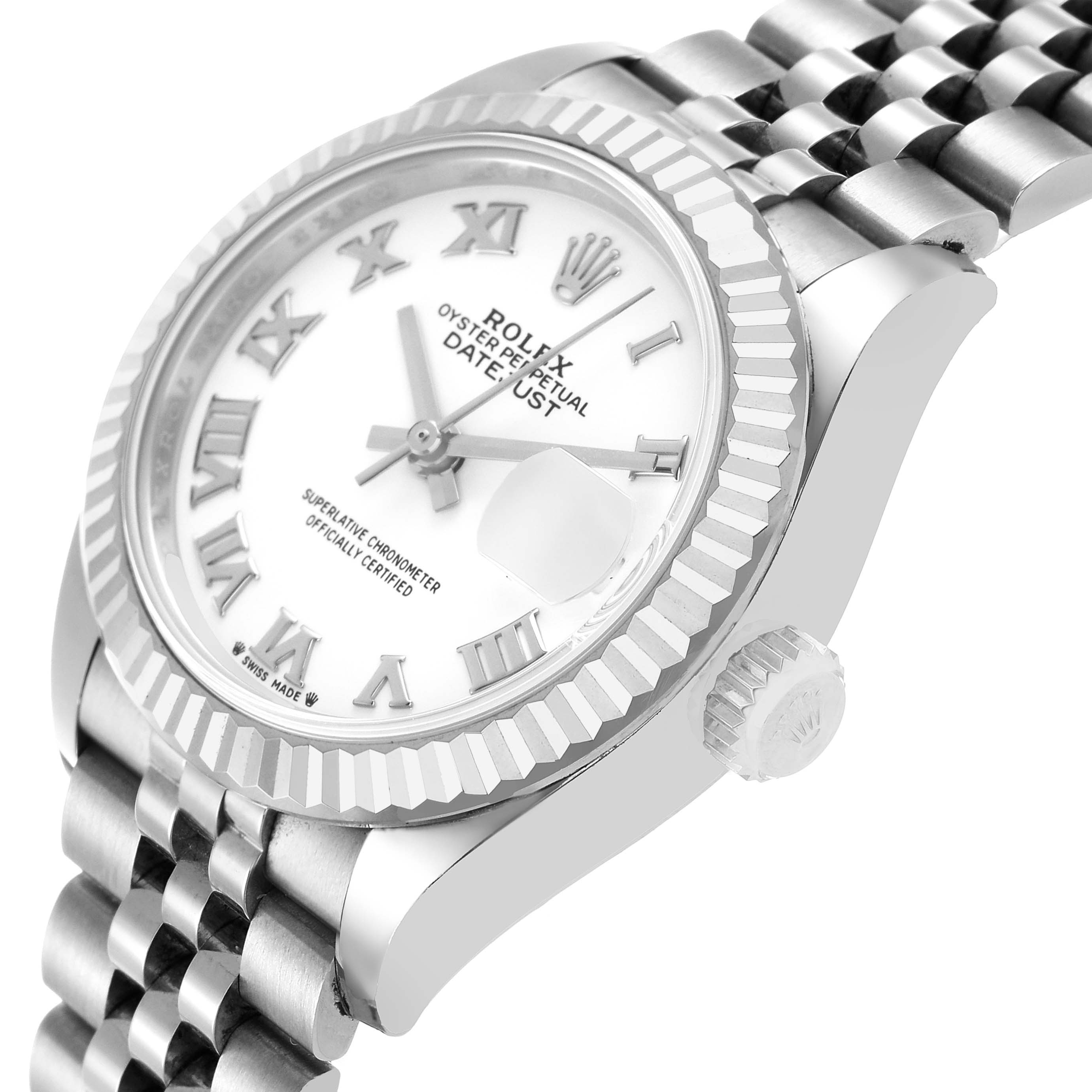 The Rolex Datejust 279174 Women's Stainless Steel White Dial watch is shown at a tilted angle, highlighting the face, bezel, crown, and part of the bracelet.