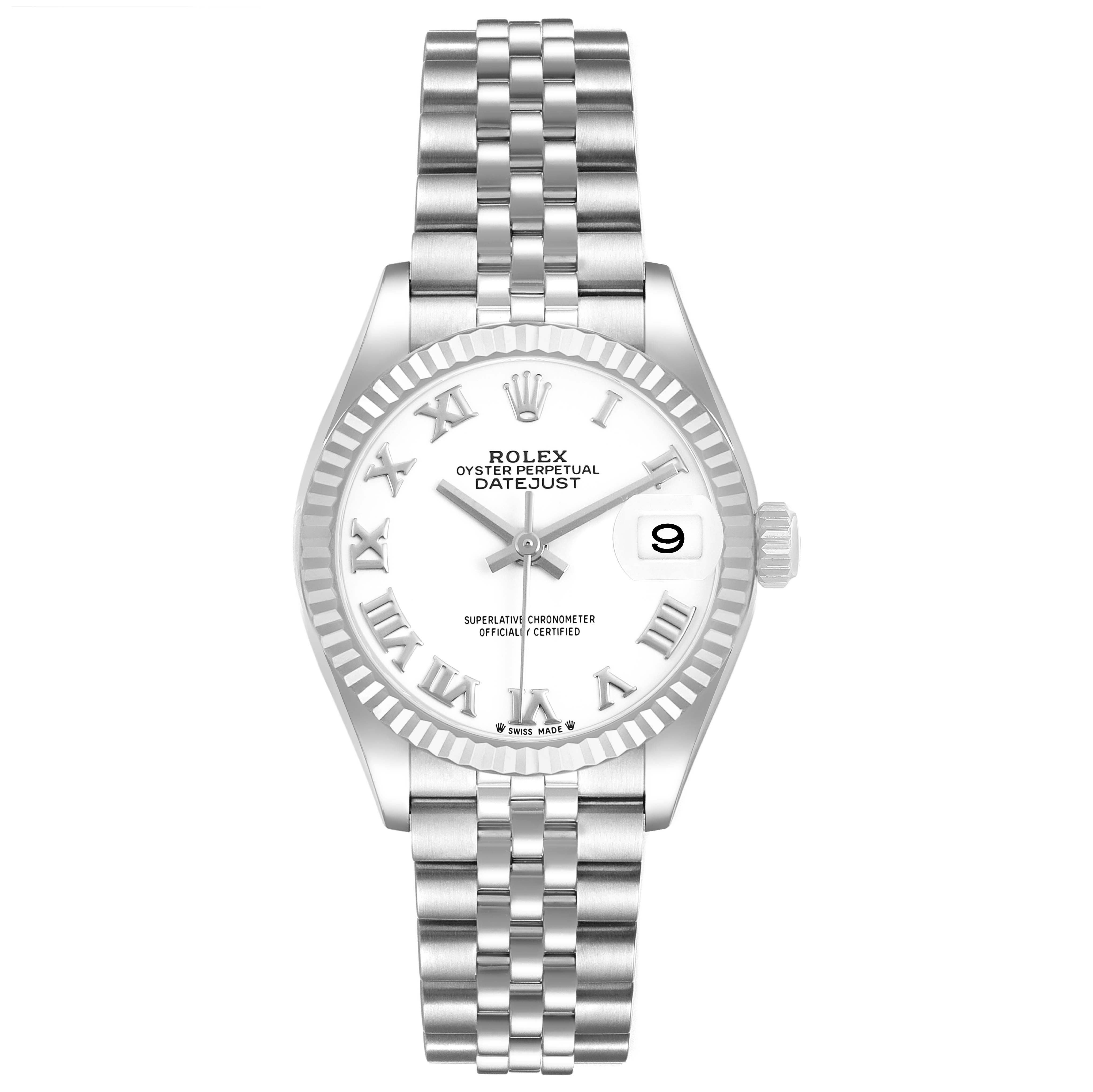 The image shows a frontal view of the Rolex Datejust 279174 Women's Stainless Steel White Dial watch, displaying the dial, bezel, crown, and Jubilee bracelet.