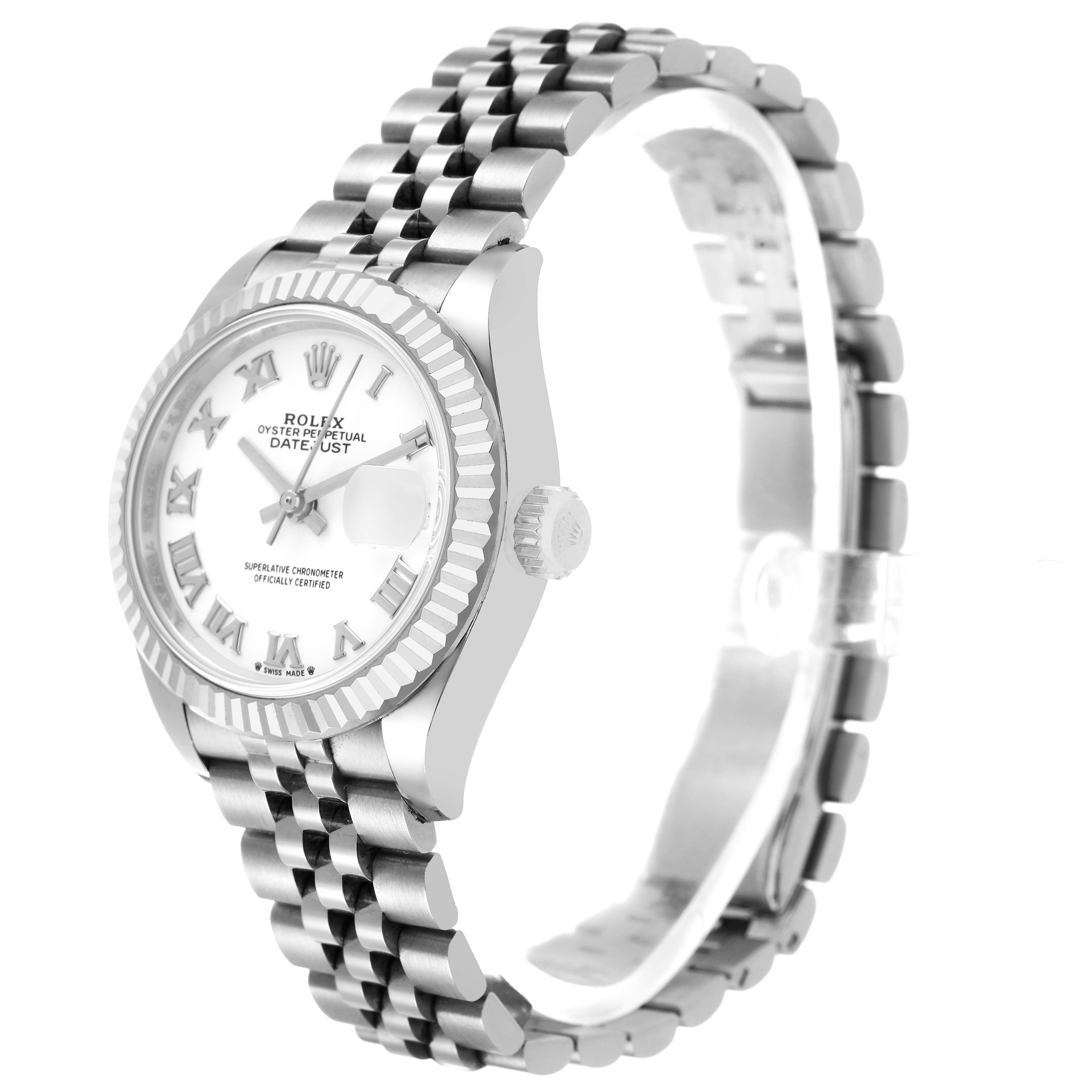 The Rolex Datejust 279174 Women's Stainless Steel White Dial watch is shown from a side angle, highlighting the bezel, crown, face, and Jubilee bracelet.