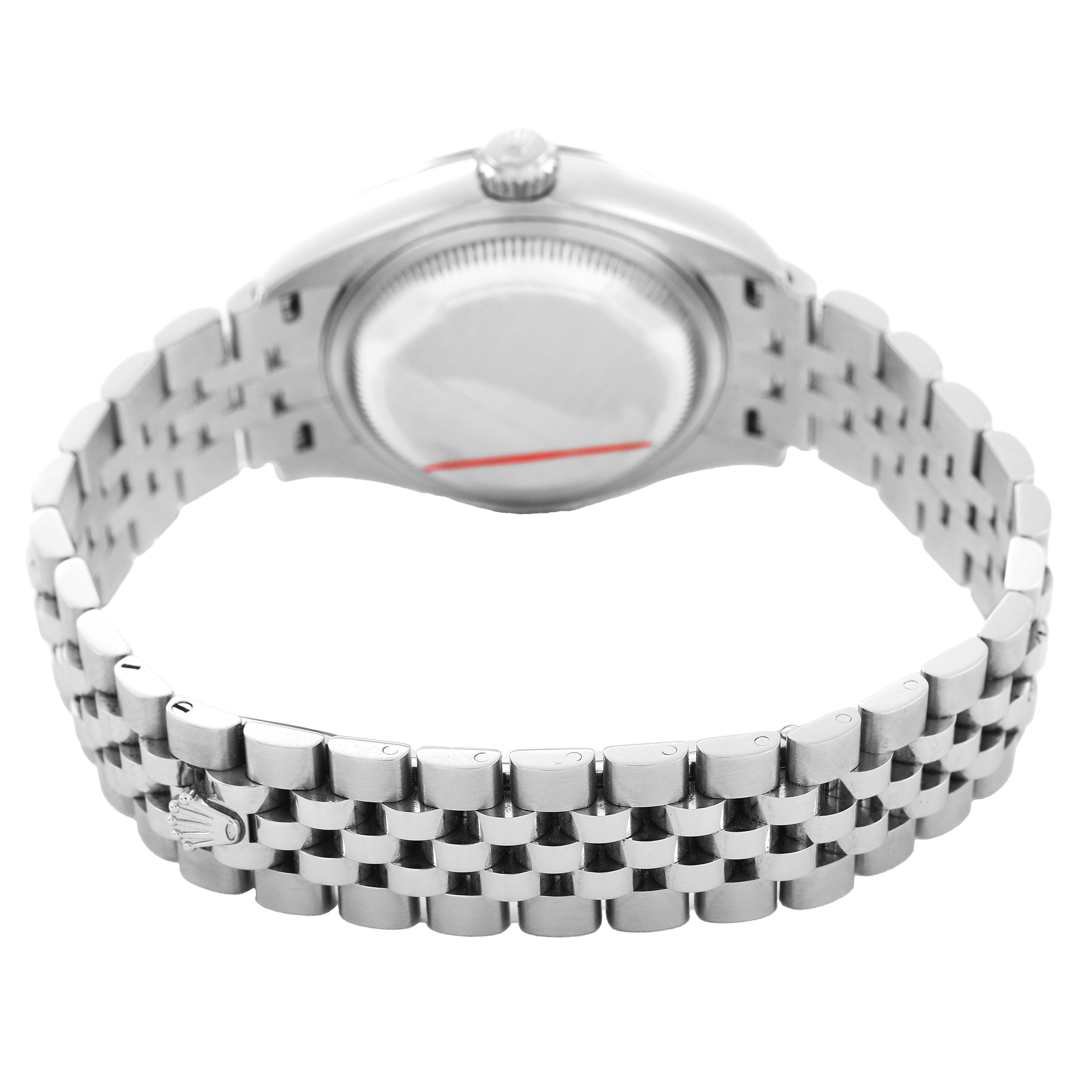 The image shows the back view of a Rolex Datejust 279174 Women's Stainless Steel White Dial, highlighting the bracelet and case back.