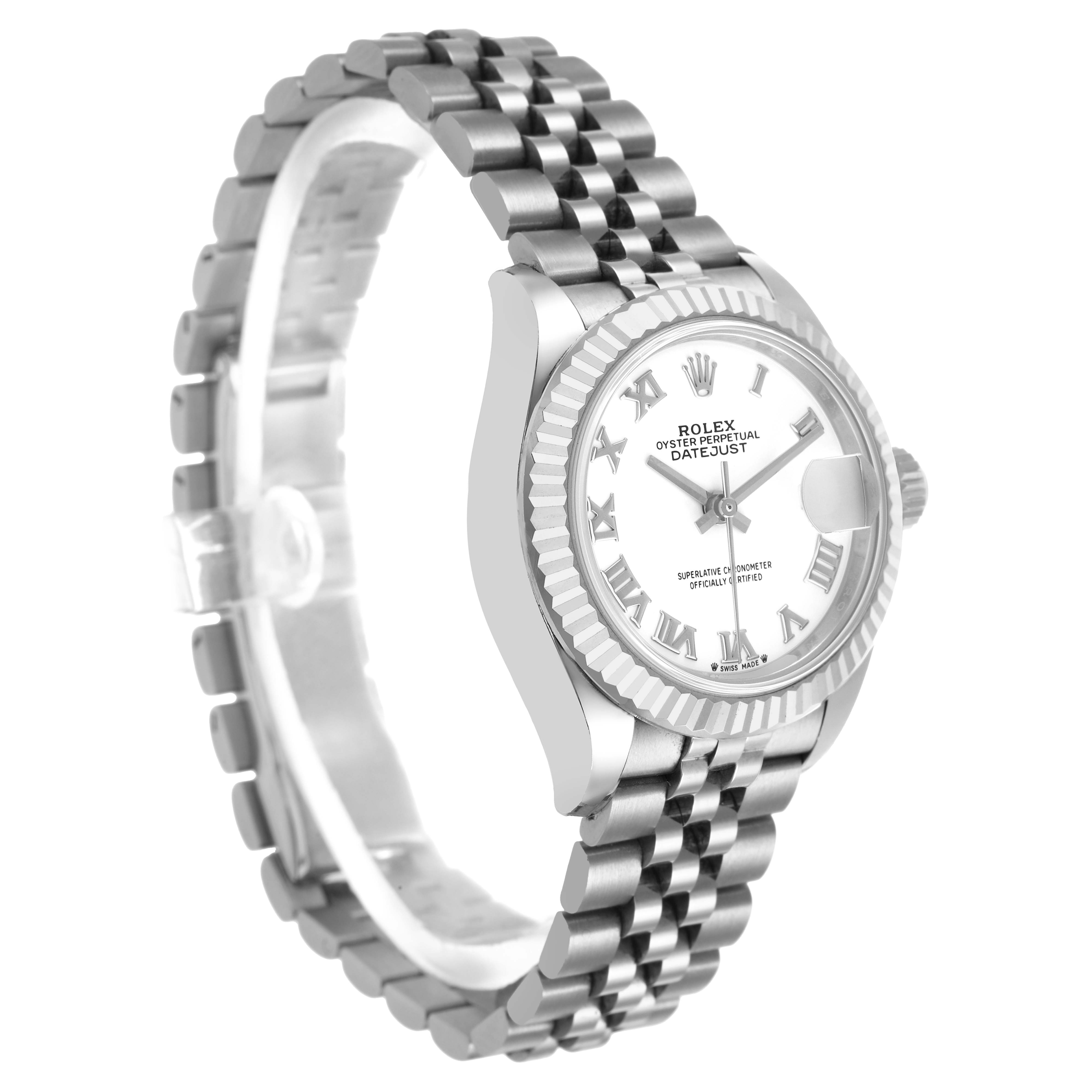 The Rolex Datejust 279174 Women's Stainless Steel White Dial watch is shown from a side angle, highlighting its bezel, dial, and bracelet.