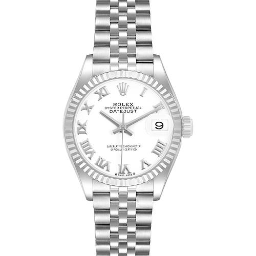 The Rolex Datejust 279174 Women's Stainless Steel White Dial watch is shown from a front angle, highlighting the dial, fluted bezel, and jubilee bracelet.