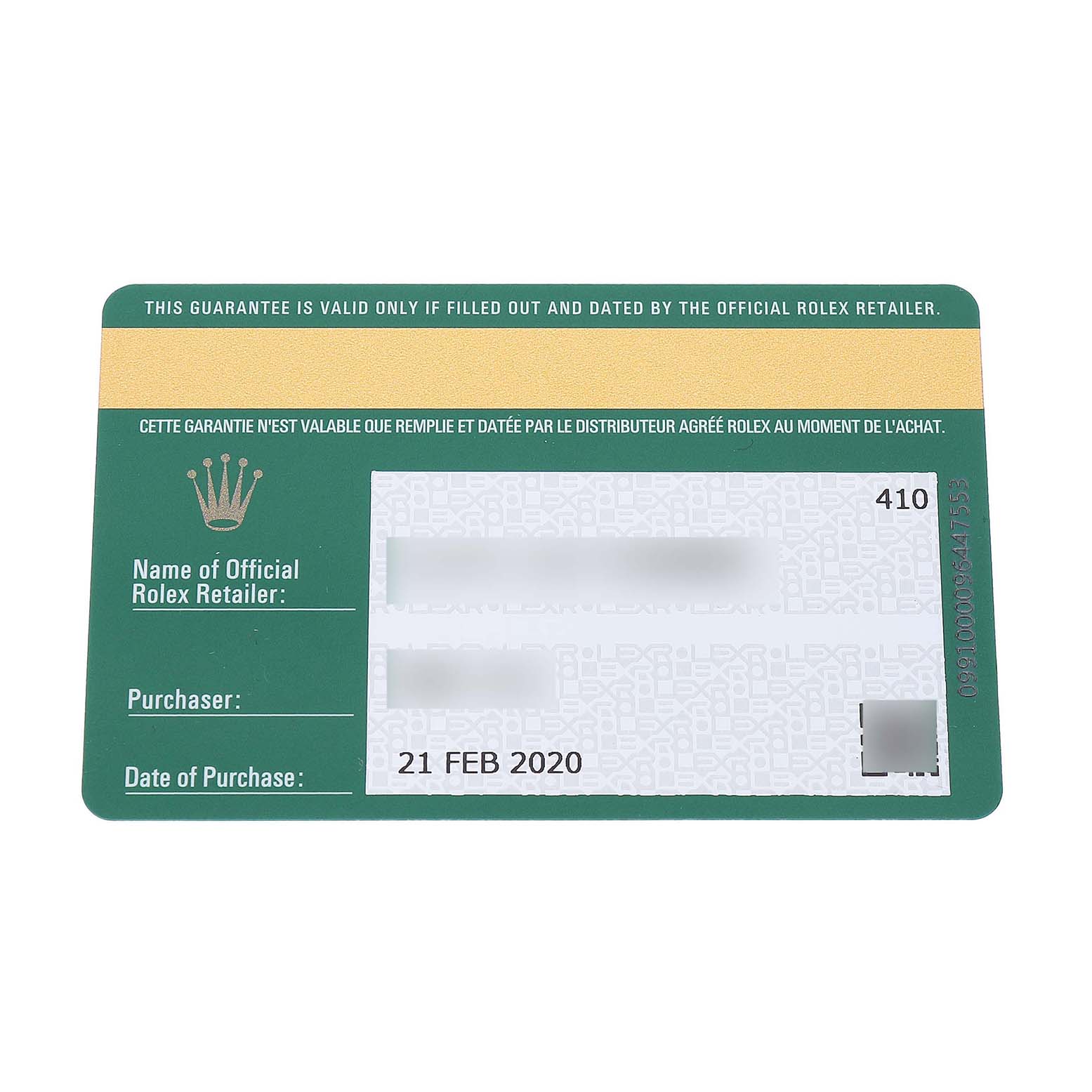 The image shows a warranty card for a Rolex Datejust 279174 Women's Stainless Steel White Dial, displayed flat and focusing on the front with purchase details.