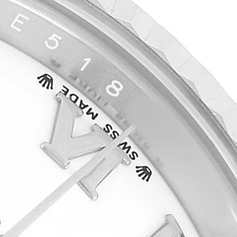 The image shows a close-up of the Rolex Datejust 279174 Women's Stainless Steel White Dial watch, highlighting the dial, bezel, and "Swiss Made" text.