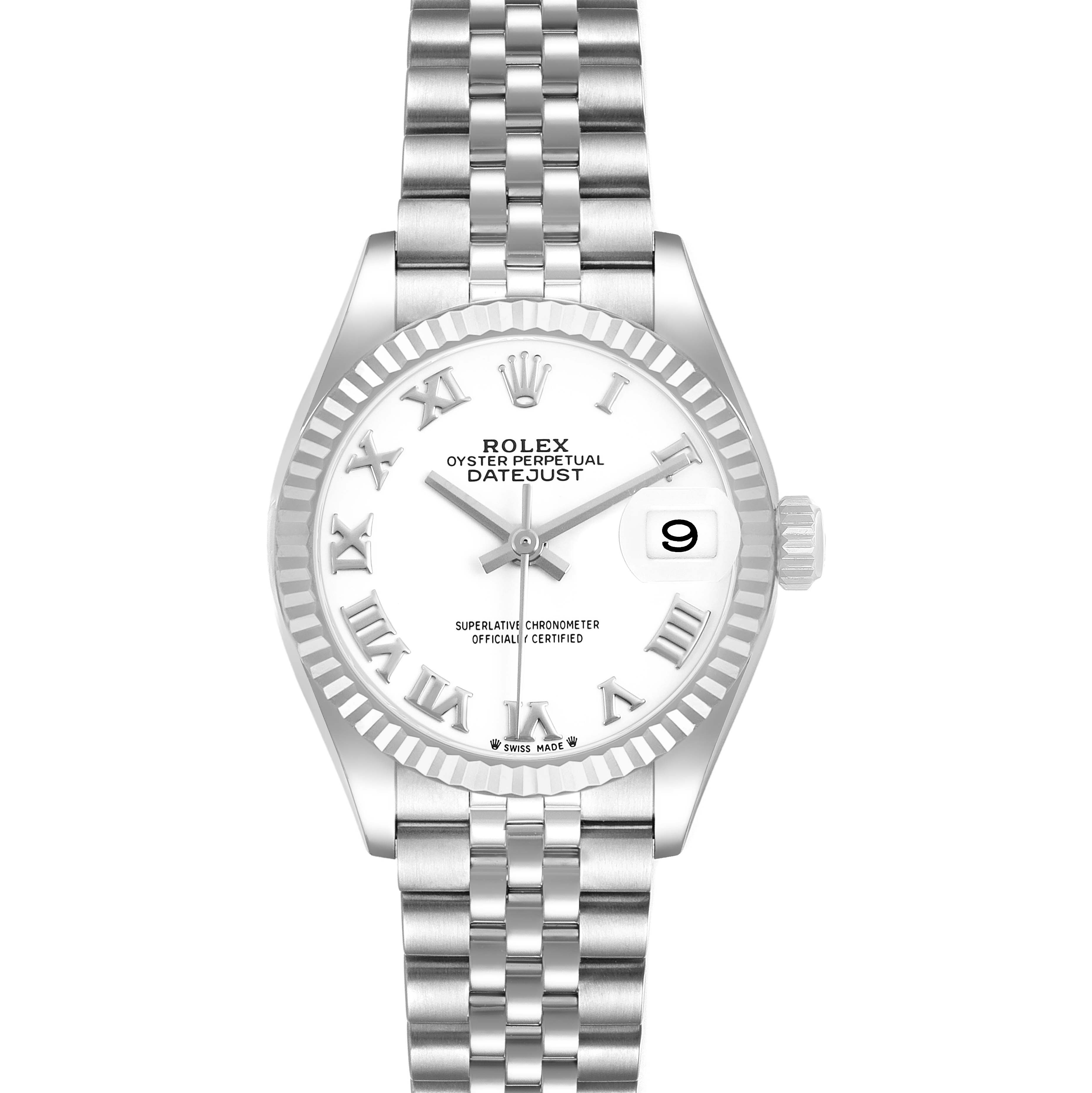 The Rolex Datejust 279174 Women's Stainless Steel White Dial watch is shown from a straight-on angle, displaying its face, bezel, and bracelet.