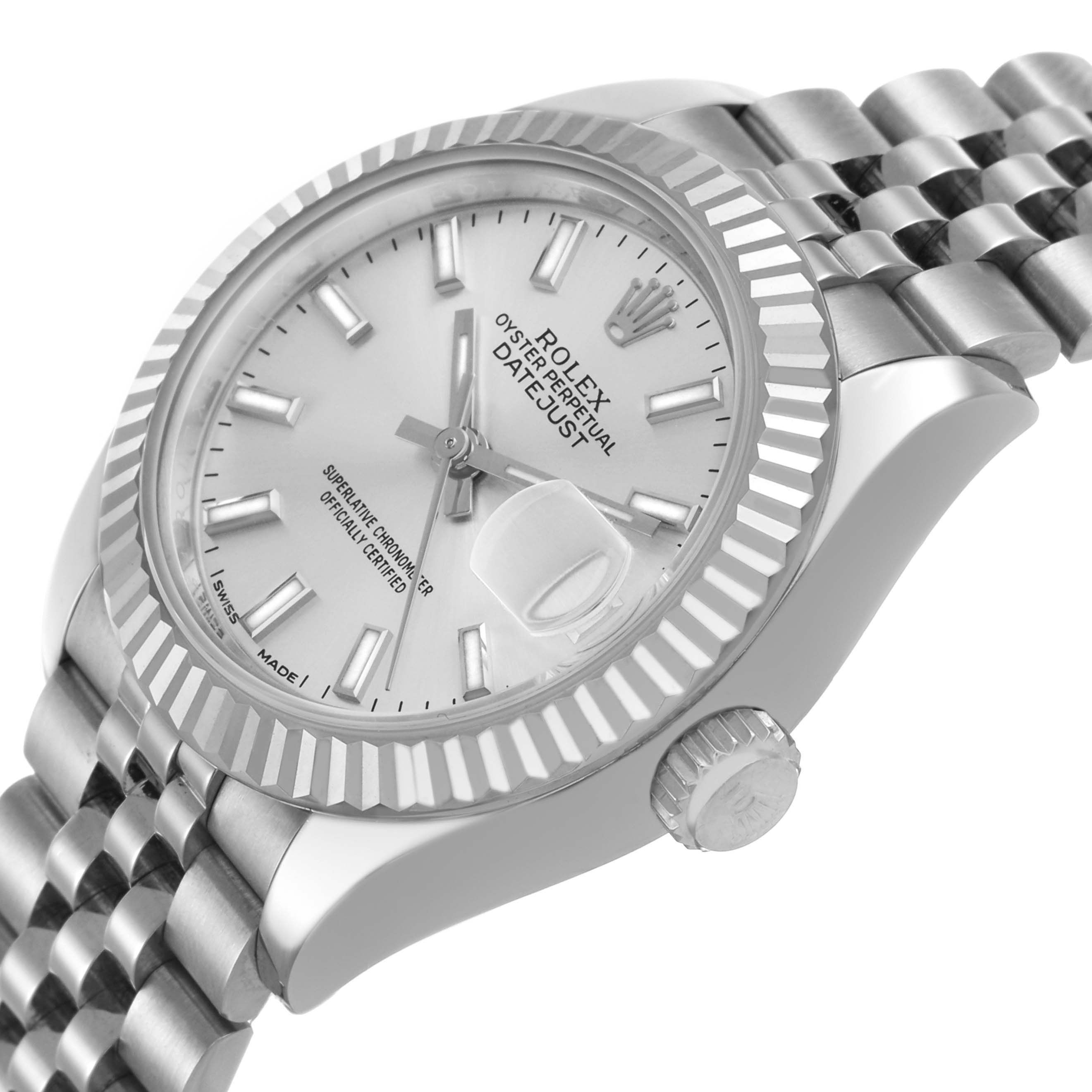 The Rolex Datejust 279174 Women's Stainless Steel Silver Dial watch is shown at an angled side view highlighting the dial, fluted bezel, bracelet, and crown.