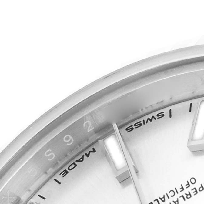 The image shows a close-up of the dial's edge, numbers, and markers of a Rolex Datejust 279174 Women's Stainless Steel Silver Dial watch.