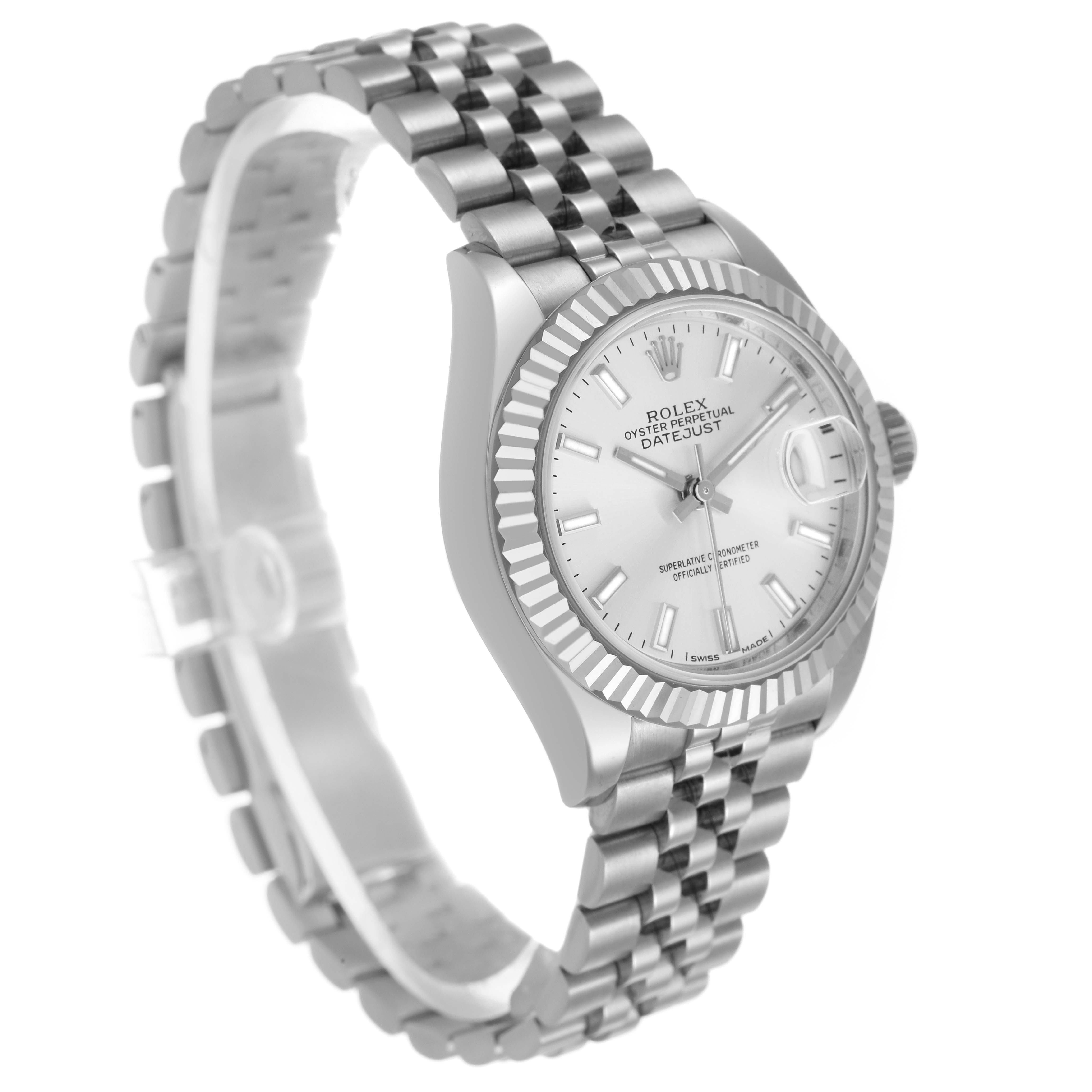 The Rolex Datejust 279174 Women's Stainless Steel Silver Dial watch is shown at a slight side angle, displaying the face, bezel, and bracelet.