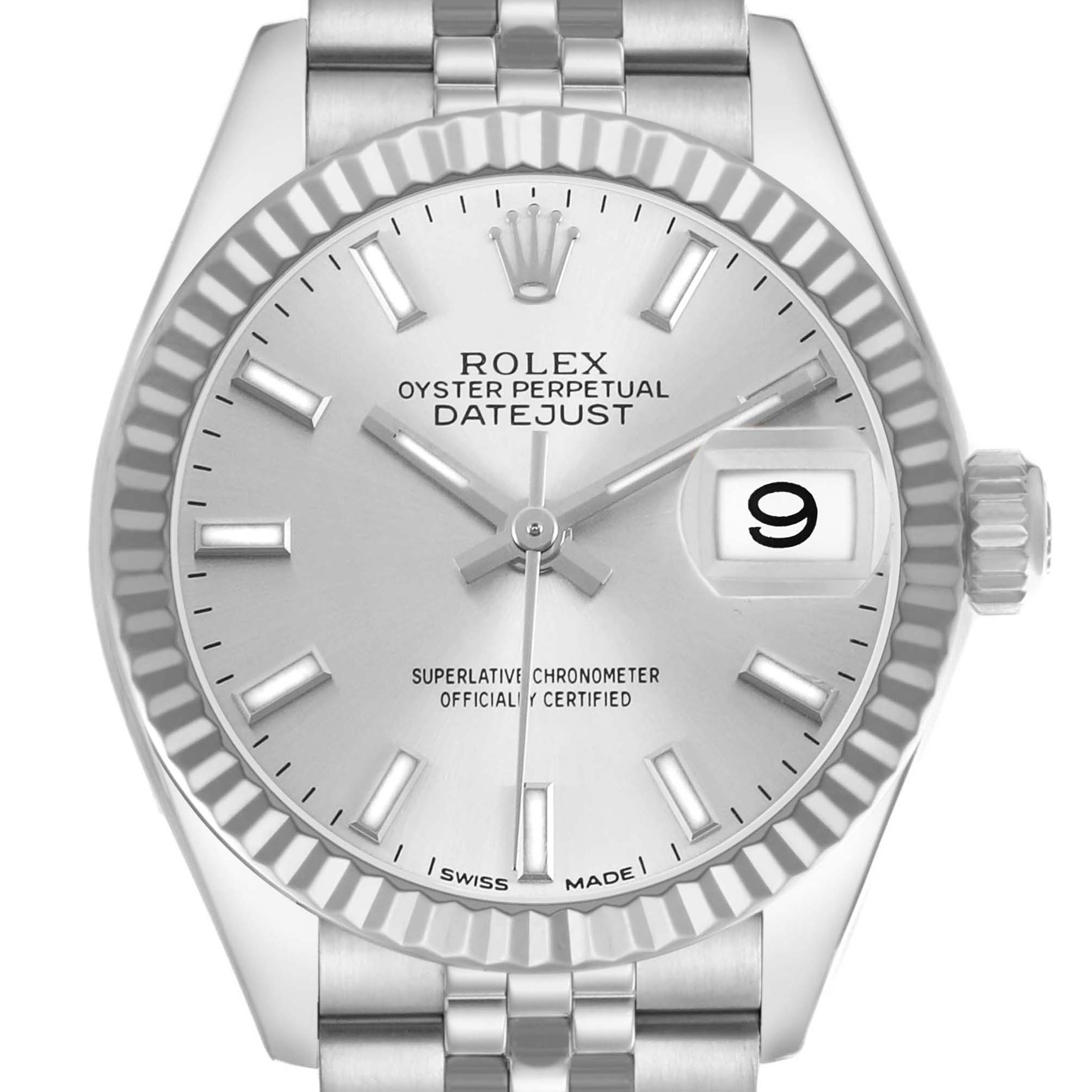 The Rolex Datejust 279174 Women's Stainless Steel Silver Dial watch is shown from the front, highlighting the dial, fluted bezel, crown, and part of the bracelet.