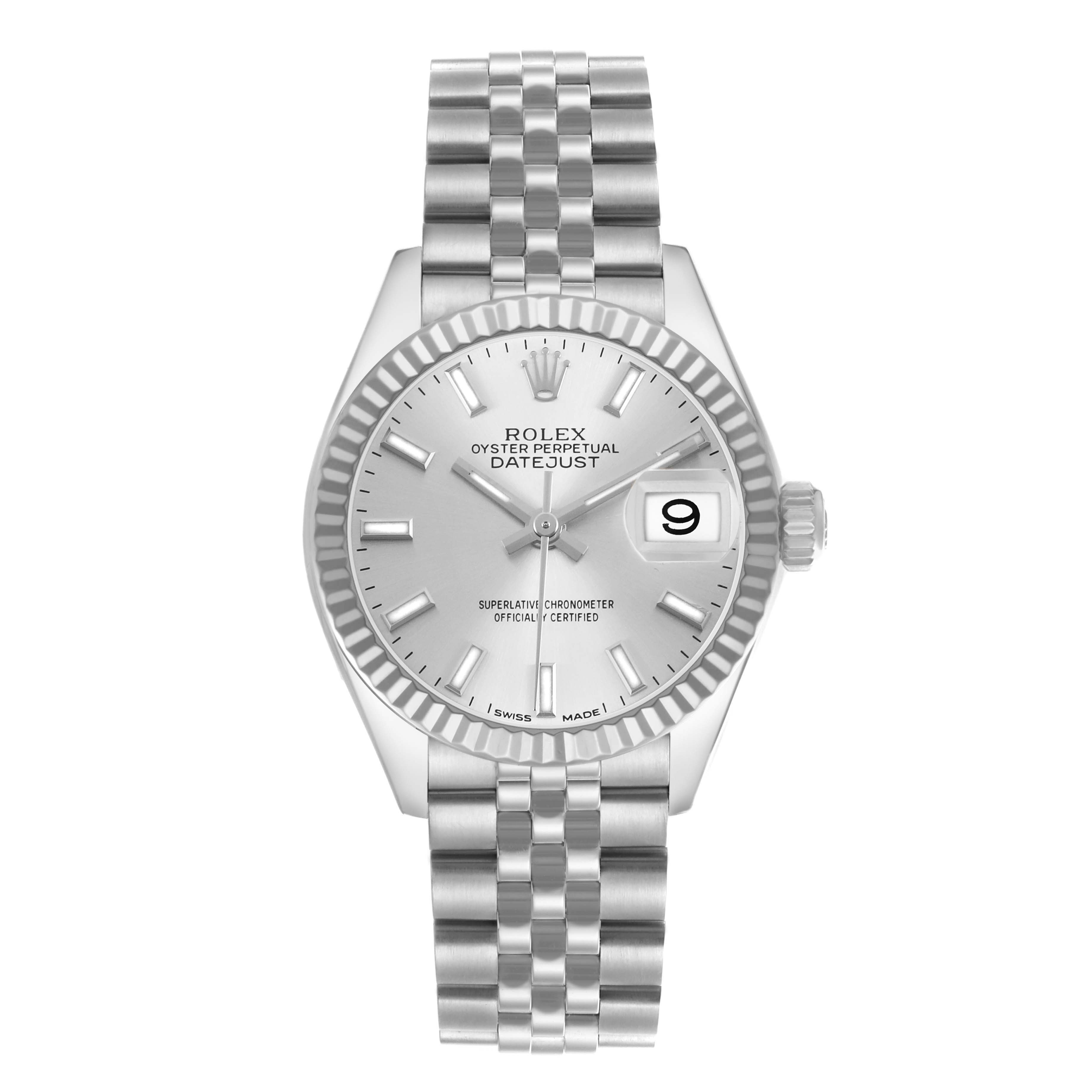 The Rolex Datejust 279174 Women's Stainless Steel Silver Dial watch is shown from a front angle, displaying the dial, bezel, crown, and bracelet.