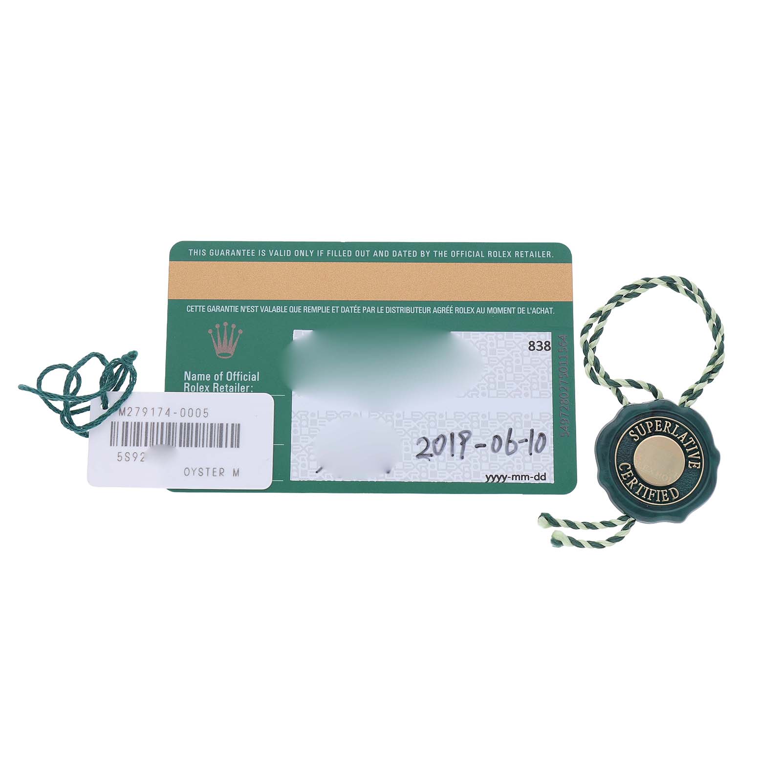 The image shows a Rolex Datejust 279174 Women's Stainless Steel Silver Dial warranty card with a hang tag and seal.