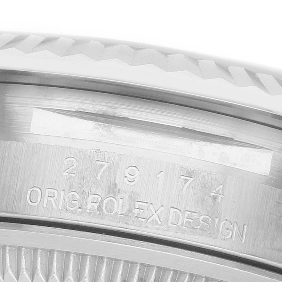 The image shows a close-up of the case side with engraved details on a Rolex Datejust 279174 Women's Stainless Steel Silver Dial watch.