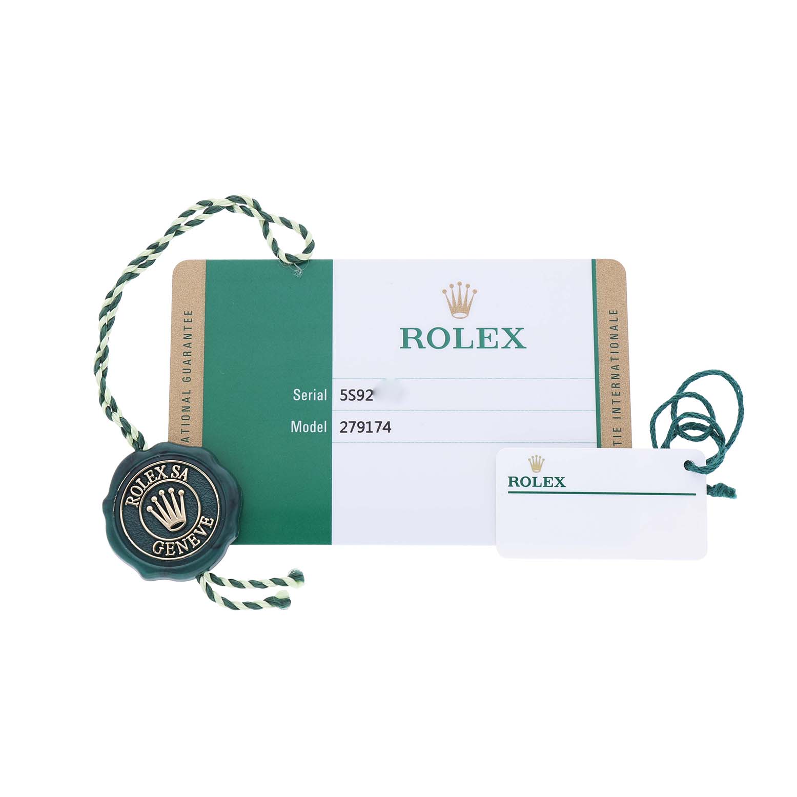 The image shows the warranty card and tags for a Rolex Datejust 279174 Women's Stainless Steel Silver Dial, including a green seal and logo.