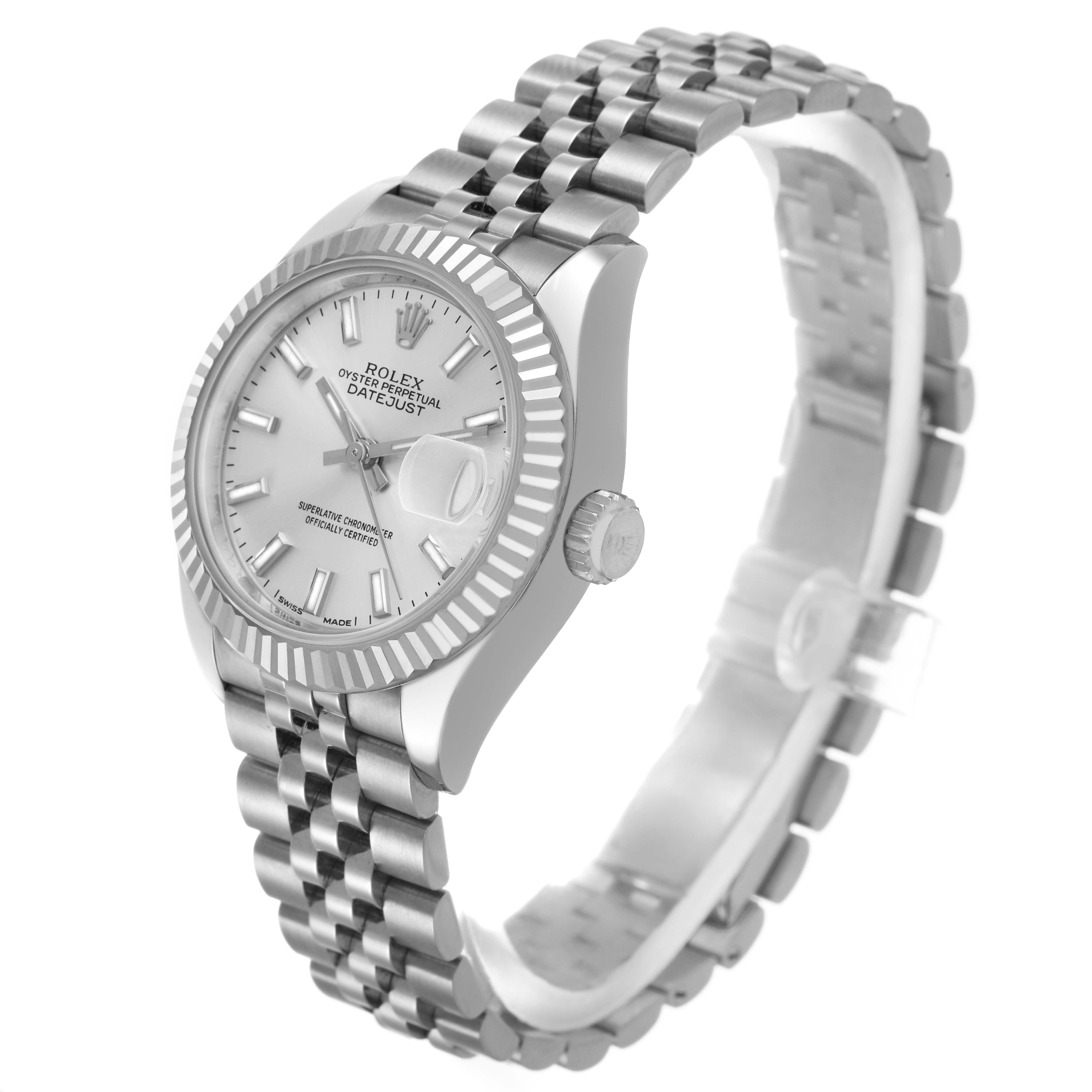 The Rolex Datejust 279174 Women's Stainless Steel Silver Dial watch is shown at a three-quarter angle highlighting the dial, bezel, crown, and bracelet.