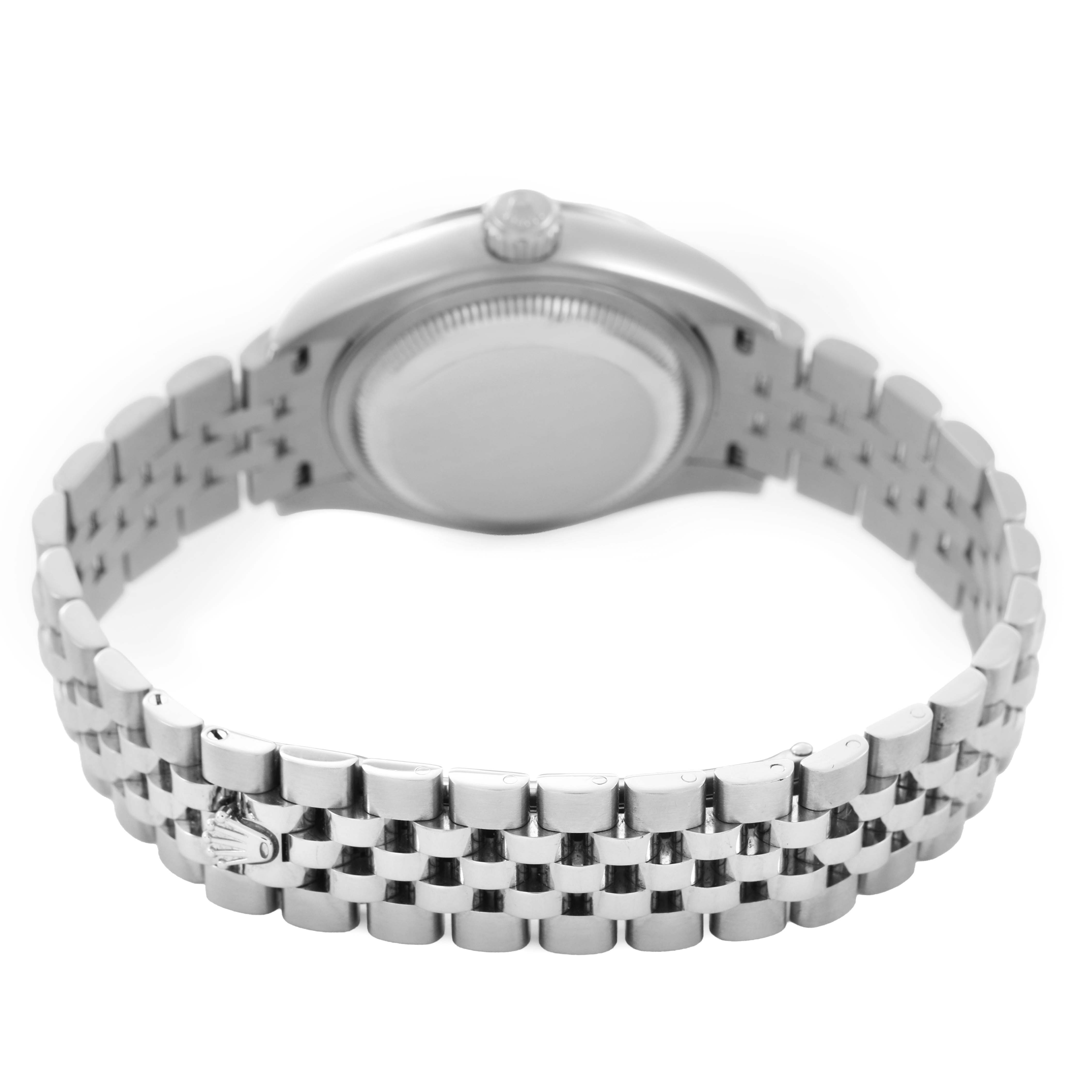 The image shows the back and bracelet of a Rolex Datejust 279174 Women's Stainless Steel Silver Dial, highlighting its clasp and caseback.