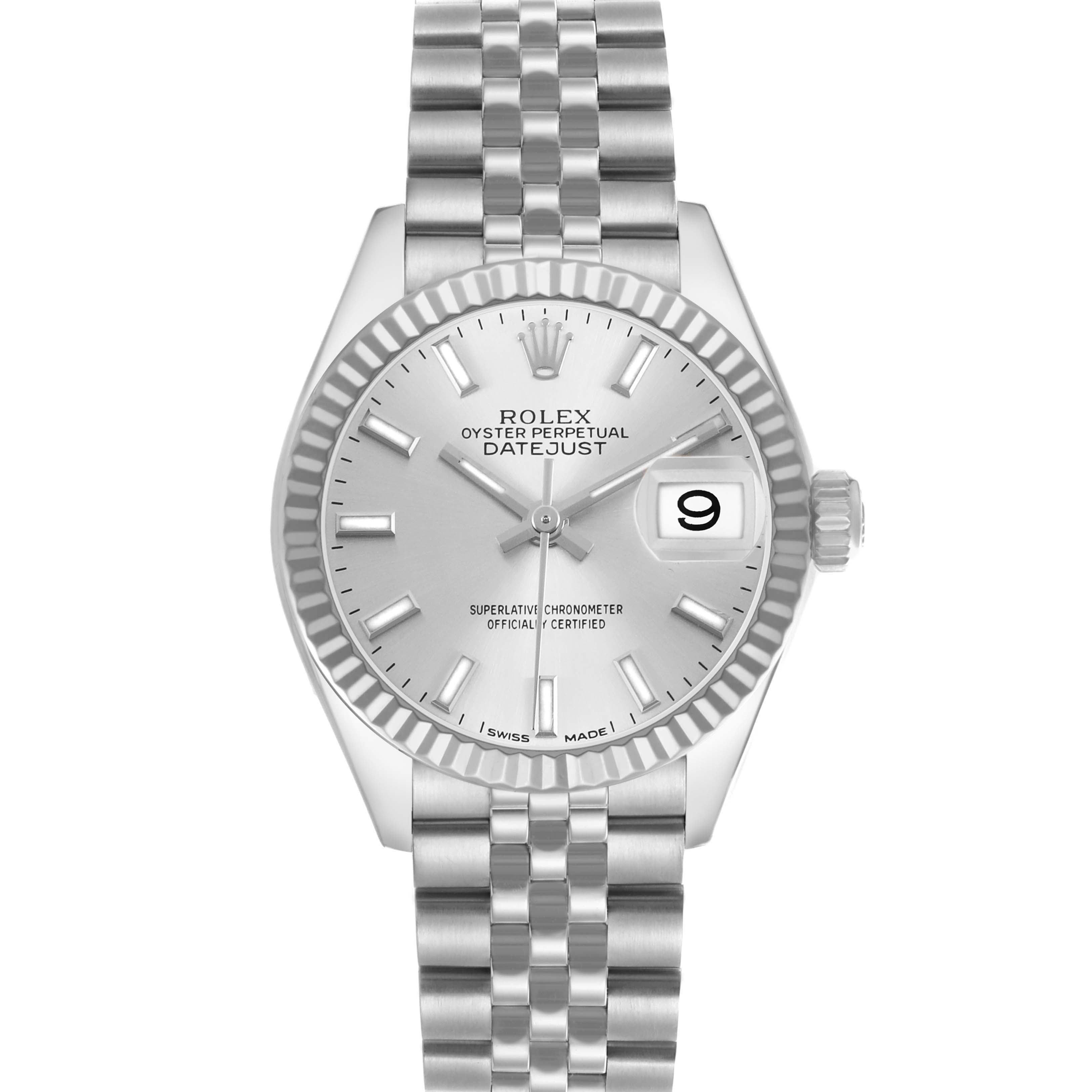The Rolex Datejust 279174 Women's Stainless Steel Silver Dial watch is shown from the front, highlighting the dial, Jubilee bracelet, and fluted bezel.