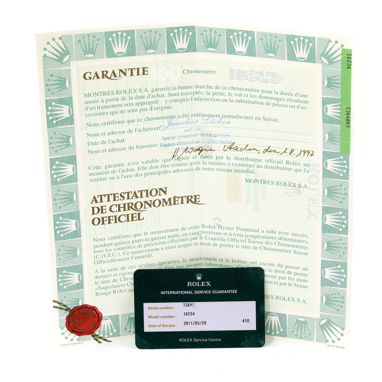 The image shows a warranty certificate and an international service guarantee card for a Rolex Datejust 16234 Men's Stainless Steel Black Dial 16234 Men's Stainless Steel Black Dial watch, model number 16234.