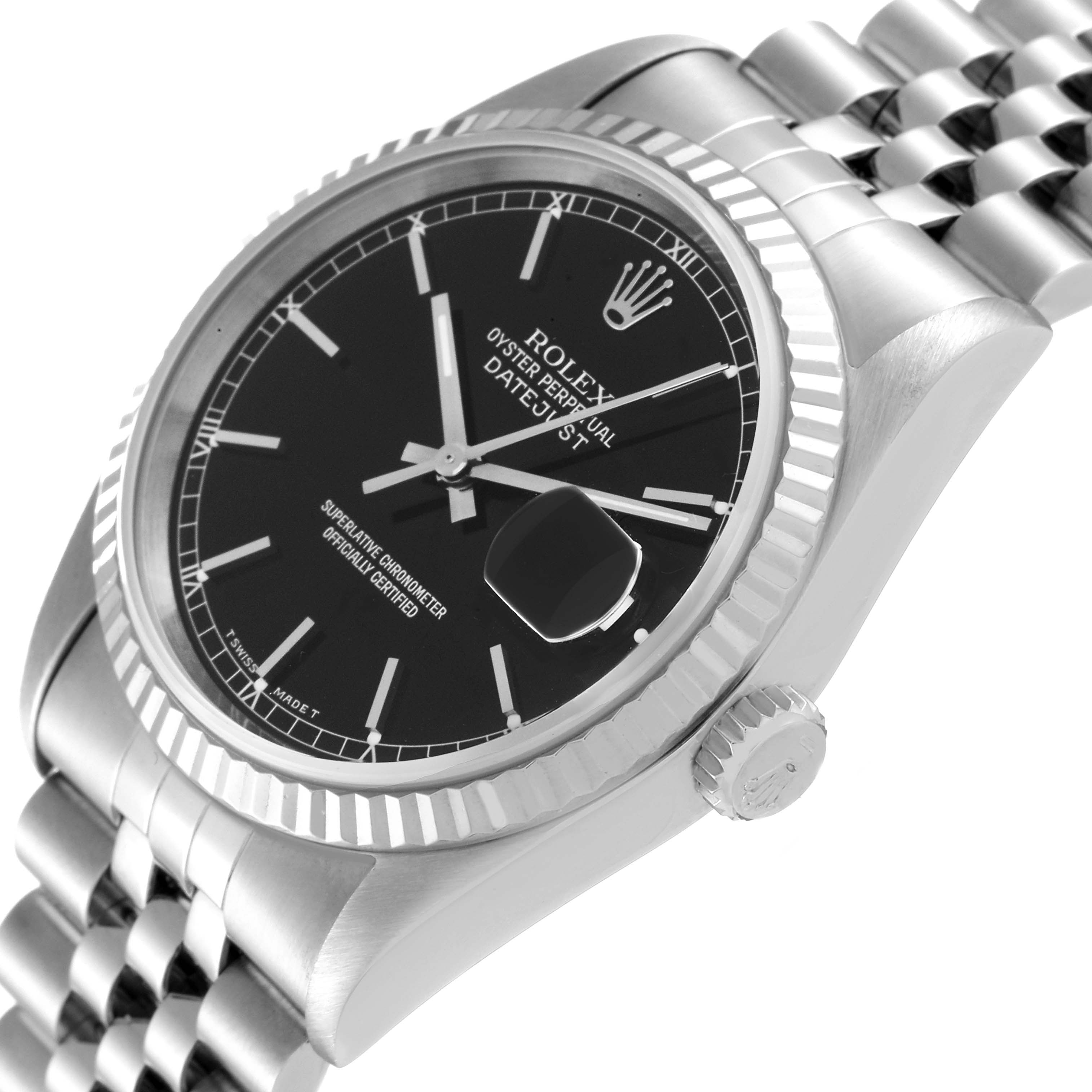 The image shows a close-up angle of the Rolex Datejust 16234 Men's Stainless Steel Black Dial 16234 Men's Stainless Steel Black Dial watch, displaying the dial, bezel, case, crown, and part of the bracelet.