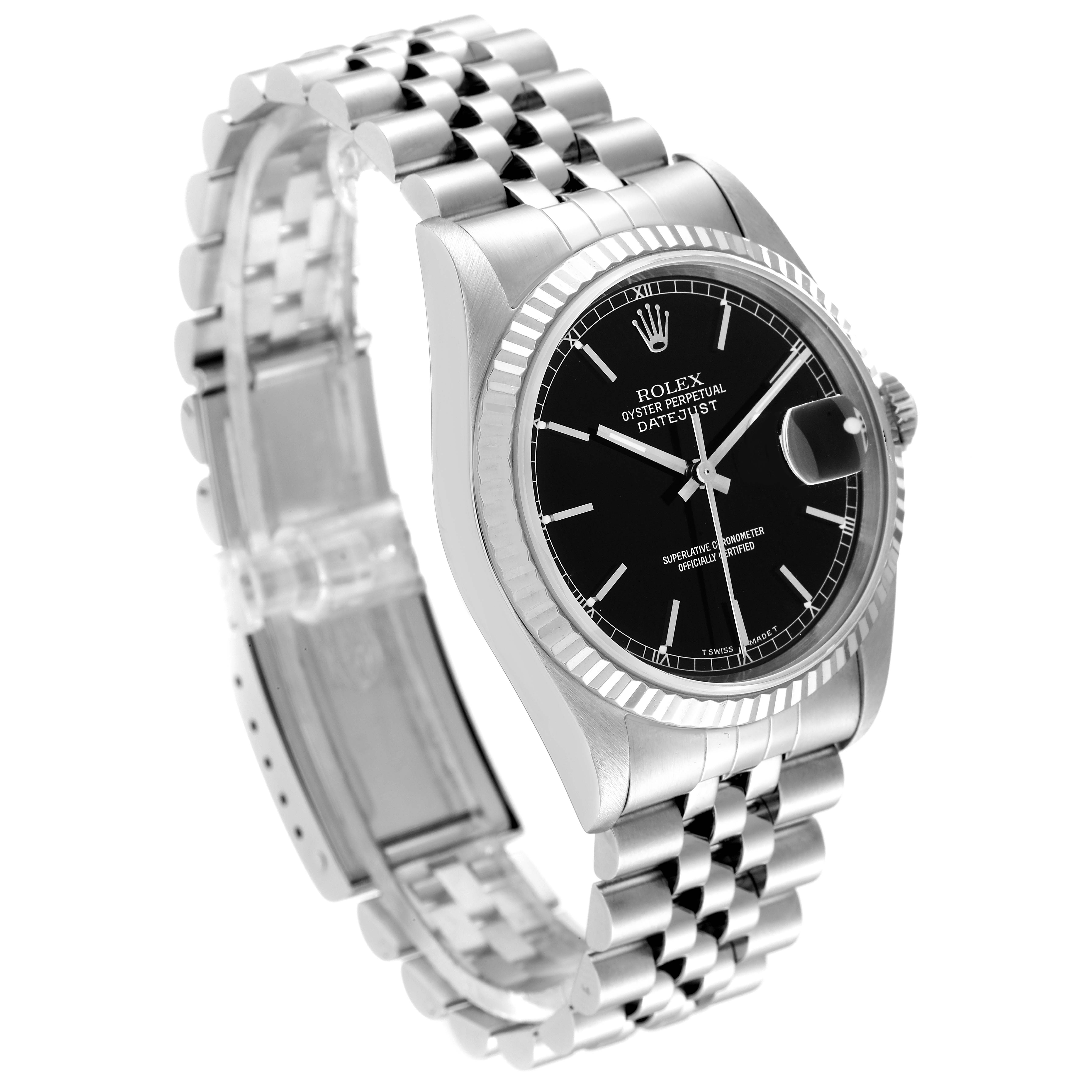 The Rolex Datejust 16234 Men's Stainless Steel Black Dial 16234 Men's Stainless Steel Black Dial watch is shown at an angle highlighting its black dial, silver fluted bezel, and Jubilee bracelet.