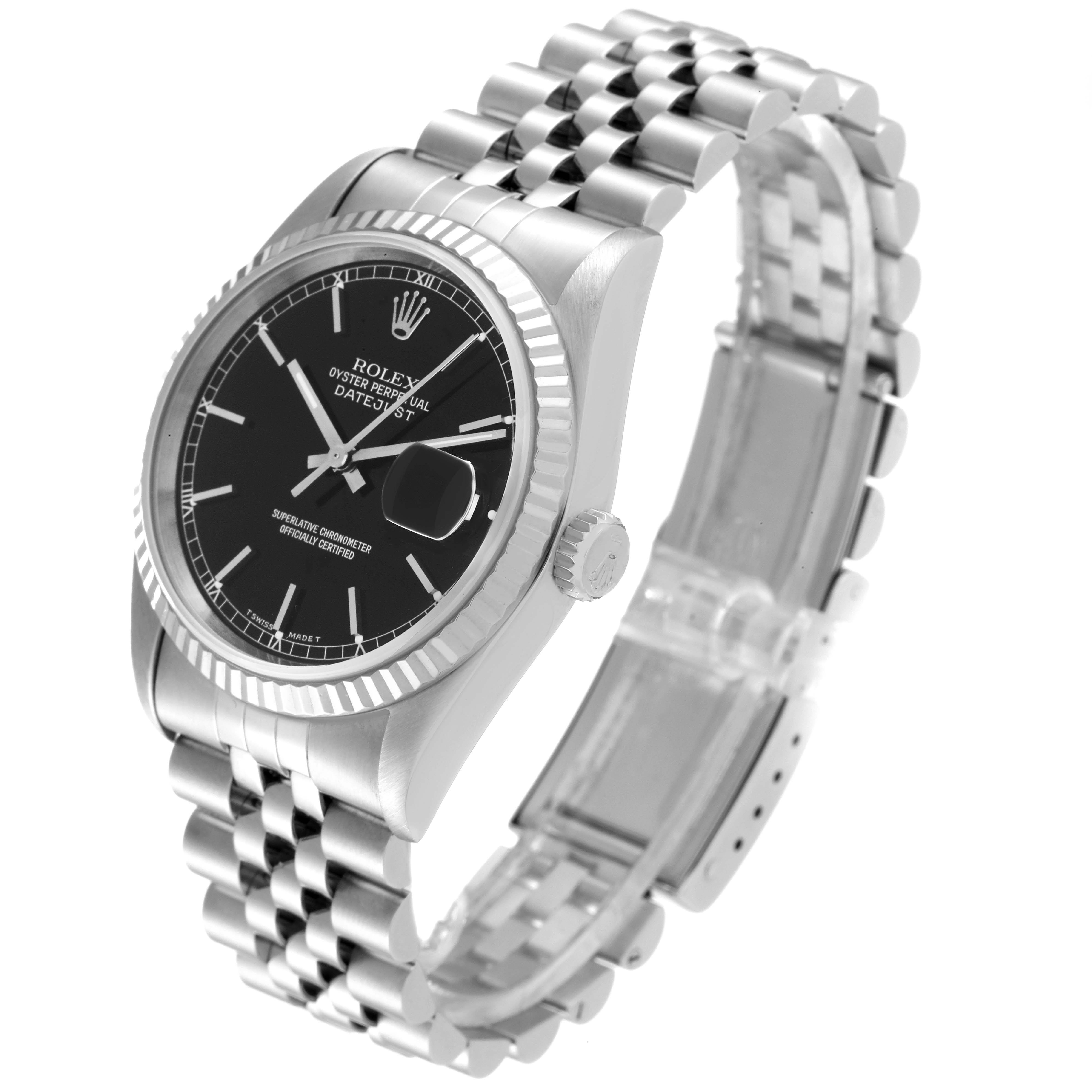 The Rolex Datejust 16234 Men's Stainless Steel Black Dial 16234 Men's Stainless Steel Black Dial watch is shown at an angled side view, highlighting its black dial, fluted bezel, and jubilee bracelet.