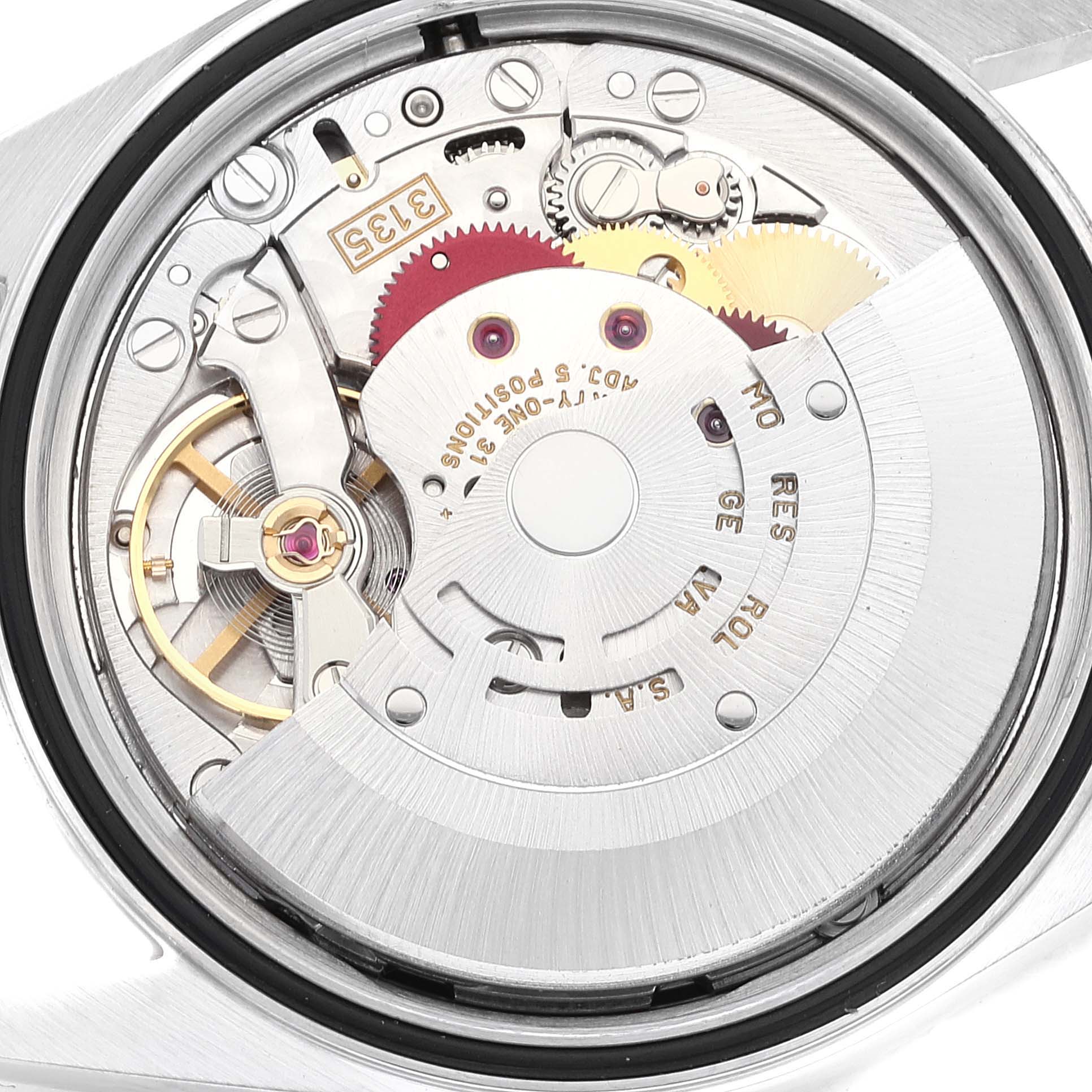 The image shows the movement mechanism of a Rolex Datejust 16234 Men's Stainless Steel Black Dial 16234 Men's Stainless Steel Black Dial model from the back, highlighting gears and intricate components.