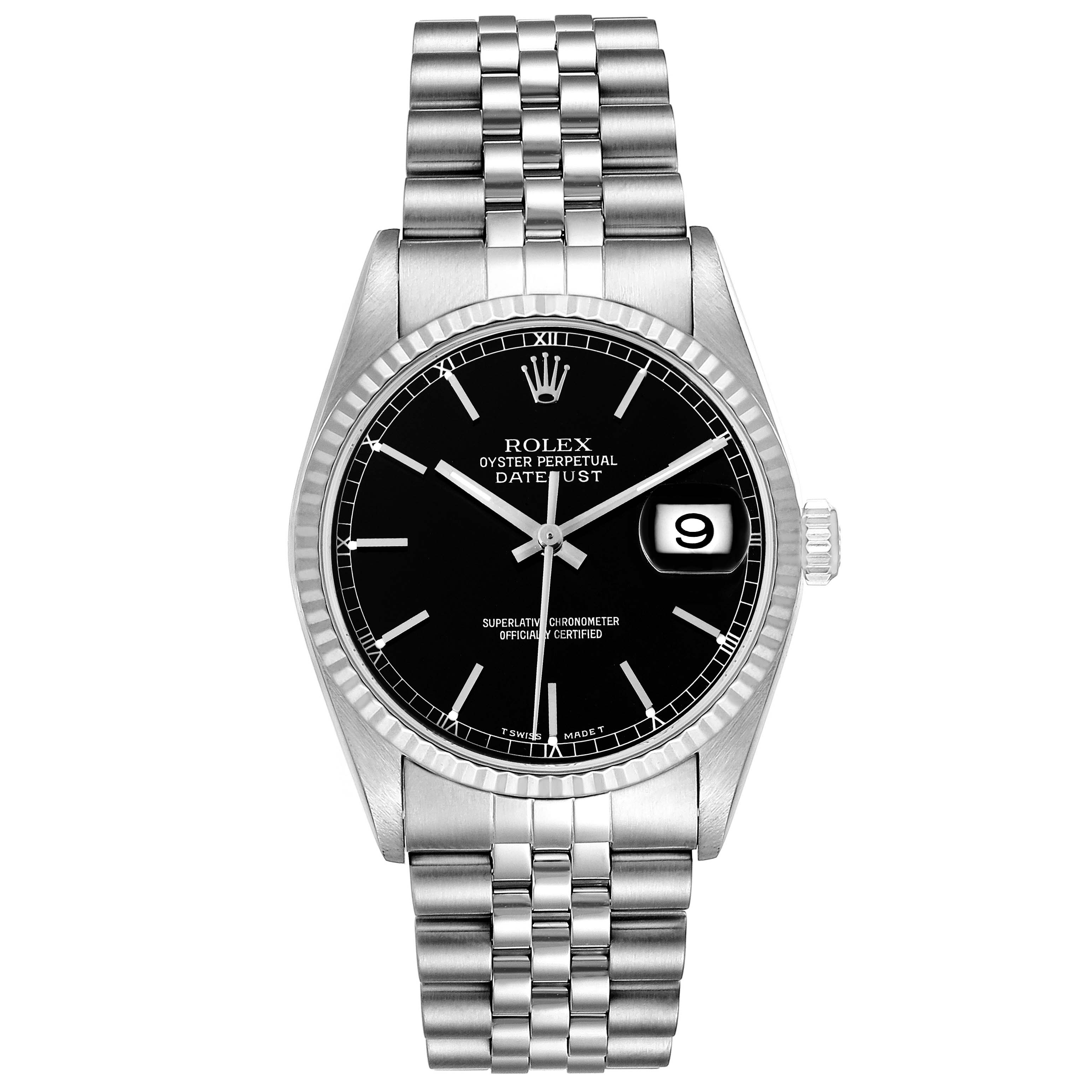 The image shows a front view of a Rolex Datejust 16234 Men's Stainless Steel Black Dial 16234 Men's Stainless Steel Black Dial model watch, highlighting its black dial, fluted bezel, and Jubilee bracelet.