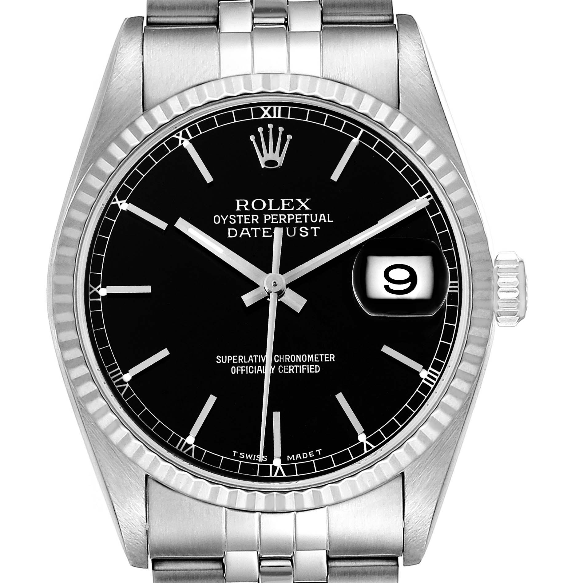 The image shows a front view of a Rolex Datejust 16234 Men's Stainless Steel Black Dial 16234 Men's Stainless Steel Black Dial watch, highlighting its black dial, fluted bezel, and metal bracelet.