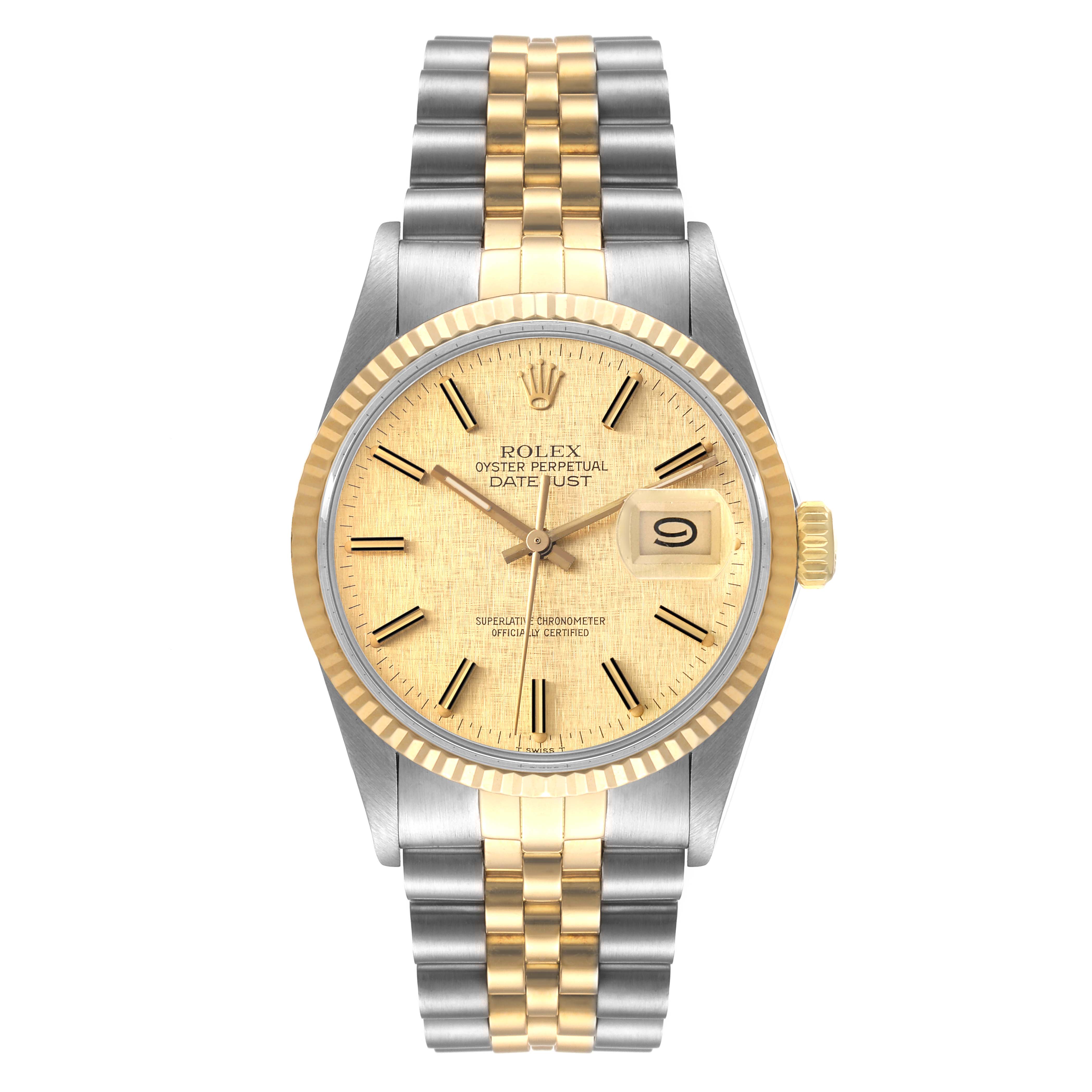 This image shows a frontal view of the Rolex Vintage Collection 16013 Men
s Steel and Gold (two tone) Champagne Dial 16013 Men
s Steel and Gold (two tone) Champagne Dial Oyster Perpetual Datejust watch, highlighting its face, bezel, and two-tone bracelet.