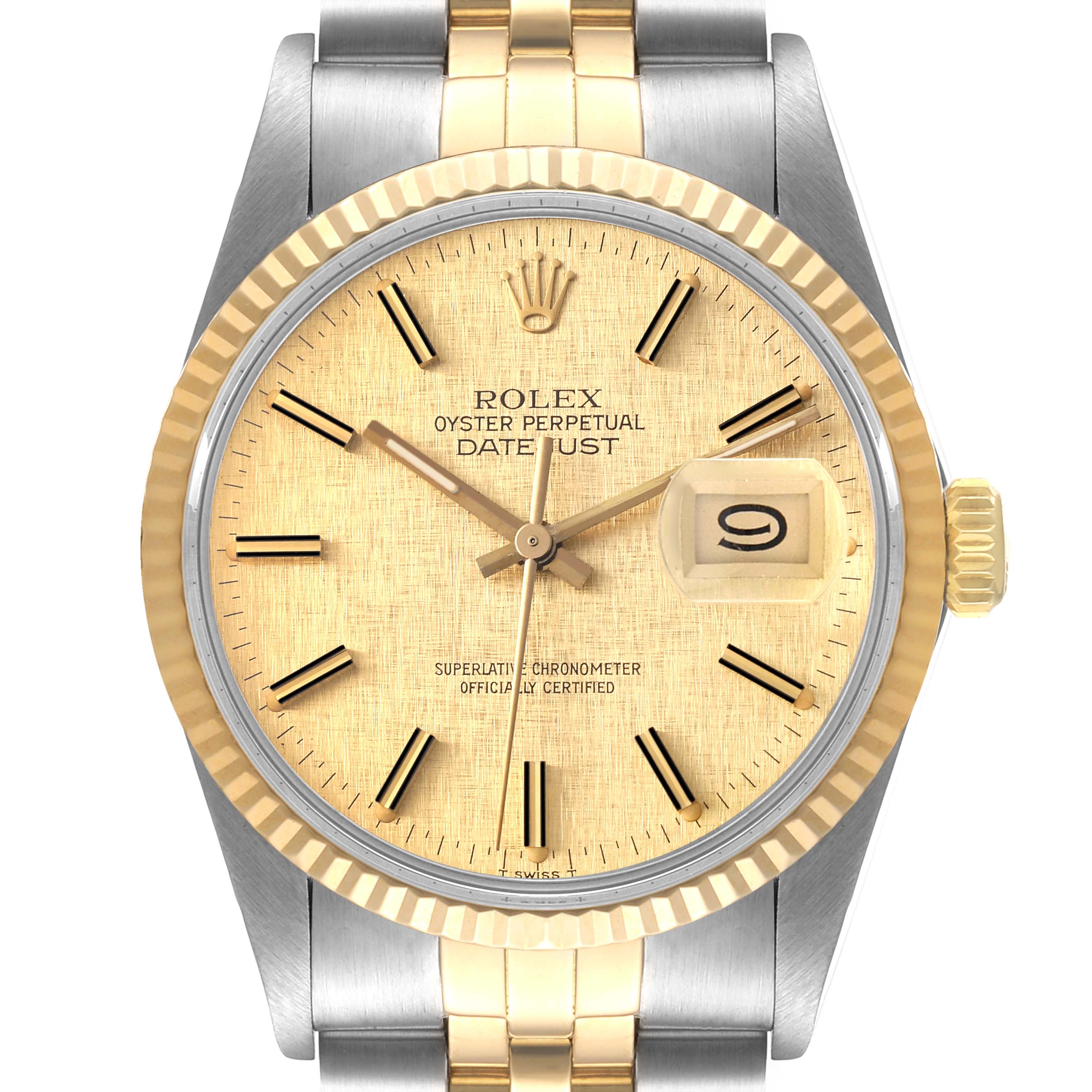 The image shows the face, bezel, and a portion of the bracelet of the Rolex Vintage Collection 16013 Men
s Steel and Gold (two tone) Champagne Dial 16013 Men
s Steel and Gold (two tone) Champagne Dial Datejust watch.