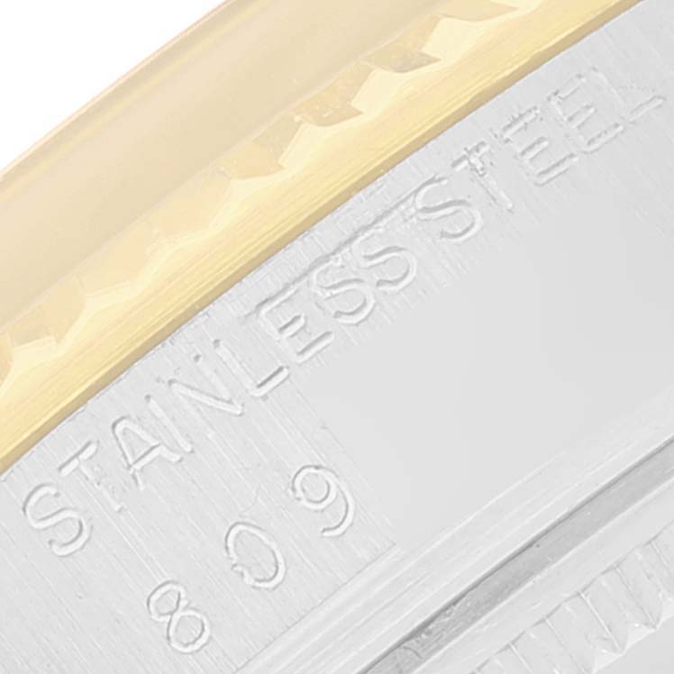 This is a close-up of the stainless steel marking on the bezel of a Rolex Vintage Collection 16013 Men
s Steel and Gold (two tone) Champagne Dial 16013 Men
s Steel and Gold (two tone) Champagne Dial watch.