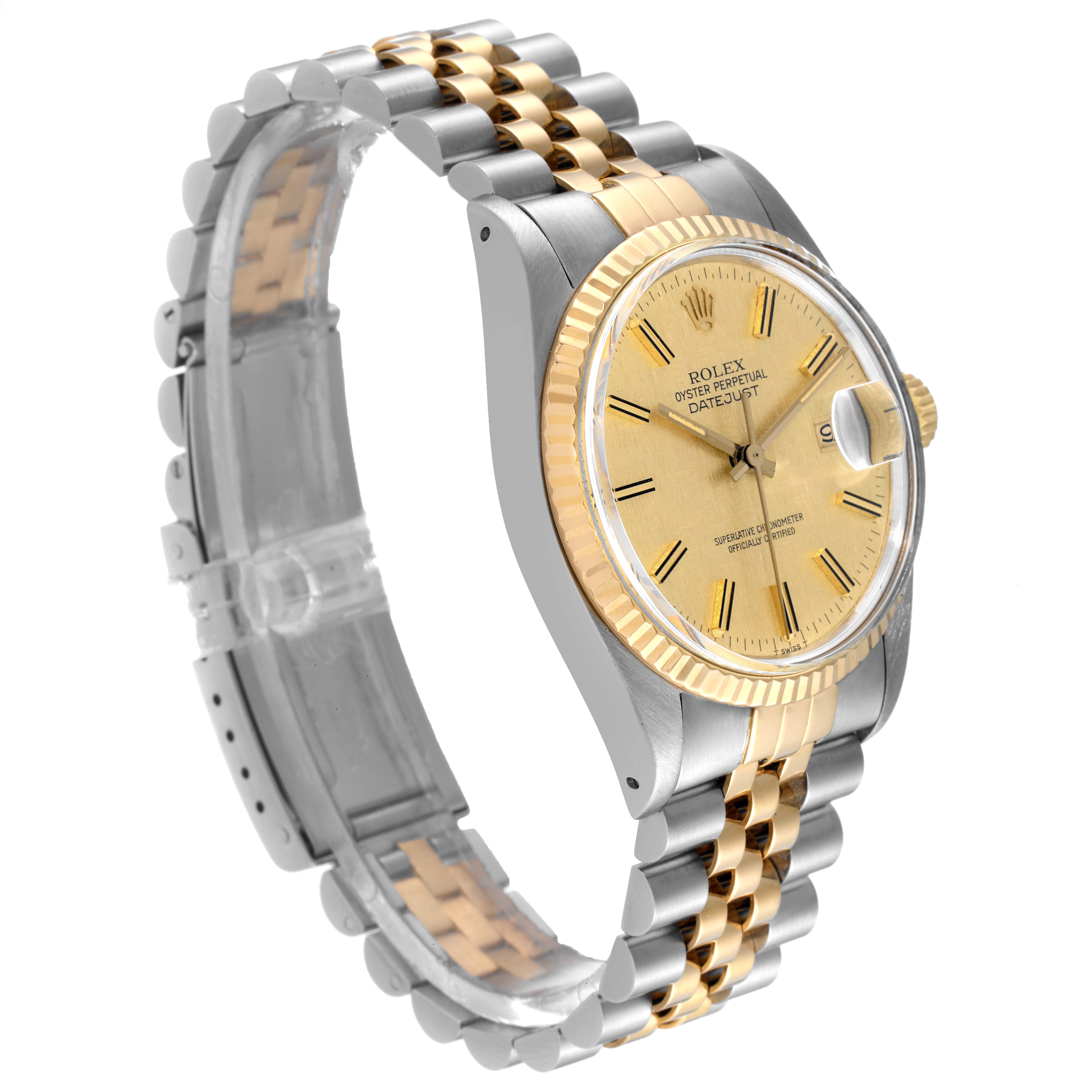 The Rolex Vintage Collection 16013 Men
s Steel and Gold (two tone) Champagne Dial 16013 Men
s Steel and Gold (two tone) Champagne Dial model is shown from an angled side view, displaying the dial, bezel, bracelet, and crown.