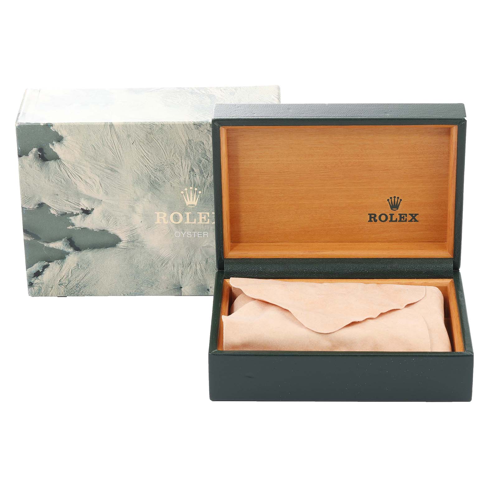 The image shows the opened wooden box and outer packaging for a Vintage Collection model Rolex watch.