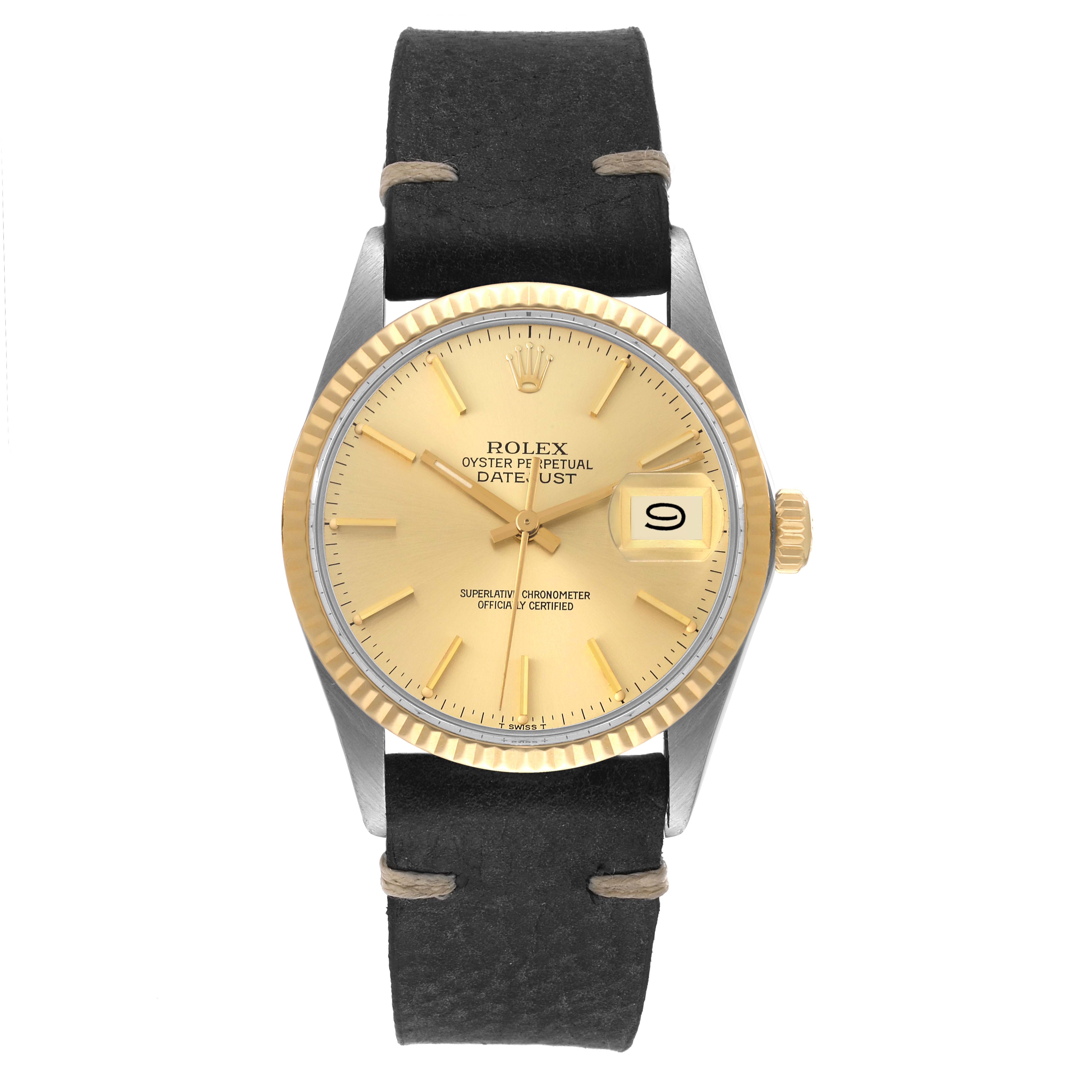 The watch is shown from a front angle, displaying its face, black leather strap, and gold bezel; it is a Rolex Vintage Collection 16013 Men's Steel and Gold (two tone) Champagne Dial 16013 Men's Steel and Gold (two tone) Champagne Dial model.
